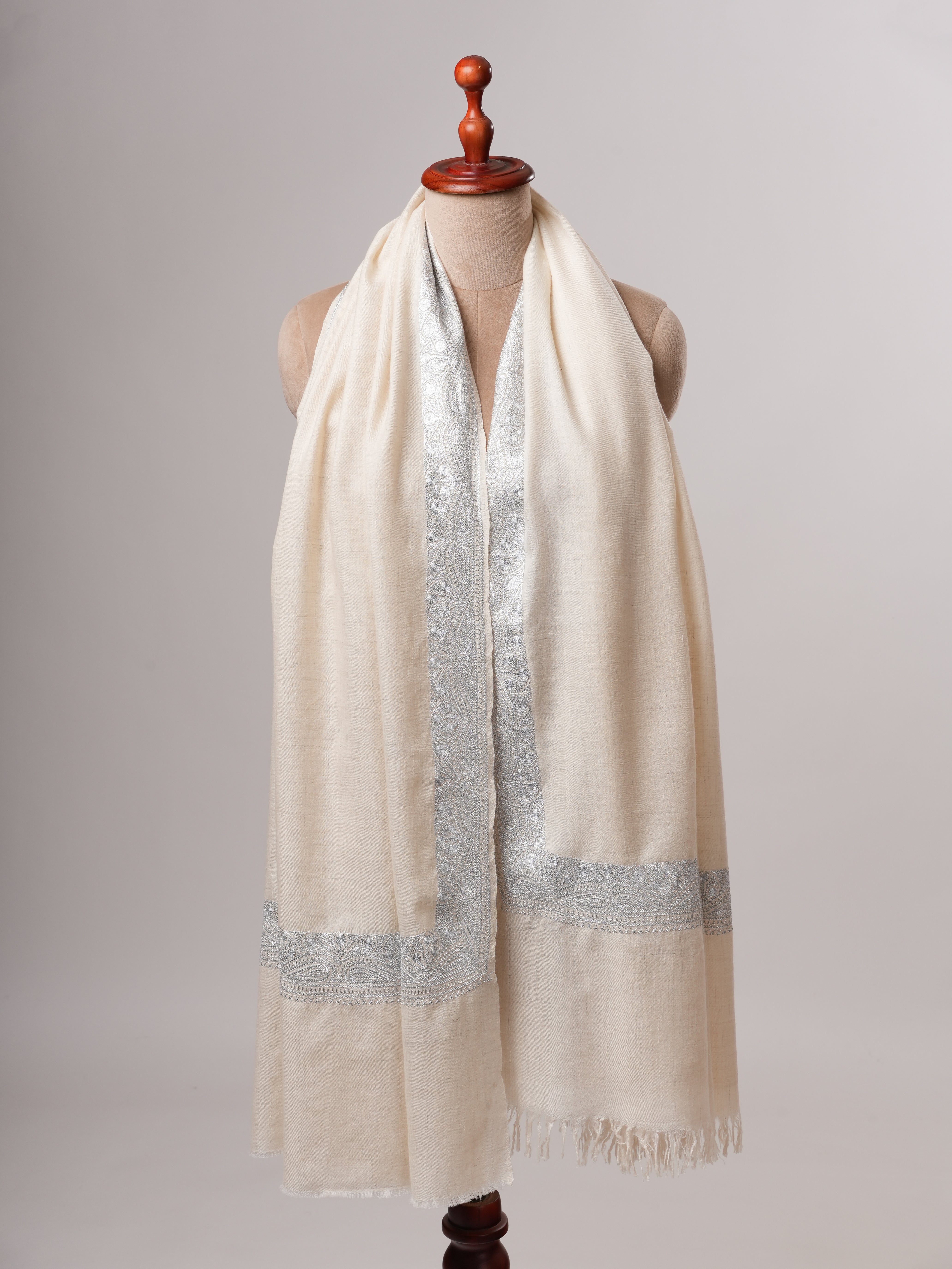 Soft Ivory Kashmiri Pashmina with Classic Silver Daurdaar Tilla Work Shahkaar