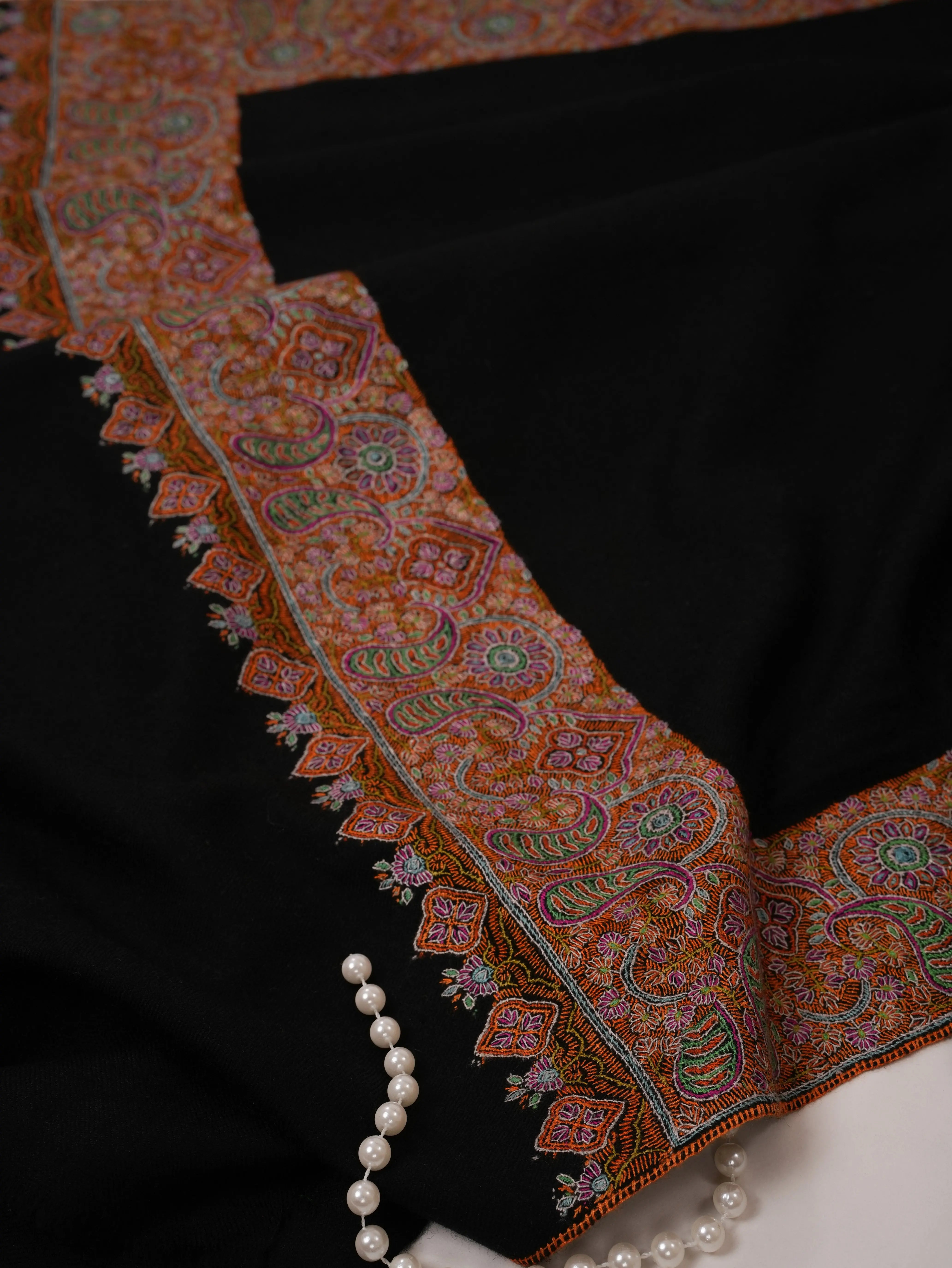 Black Pashmina Shawl with Traditional Daurdar Hand Embroidery Shahkaar.com