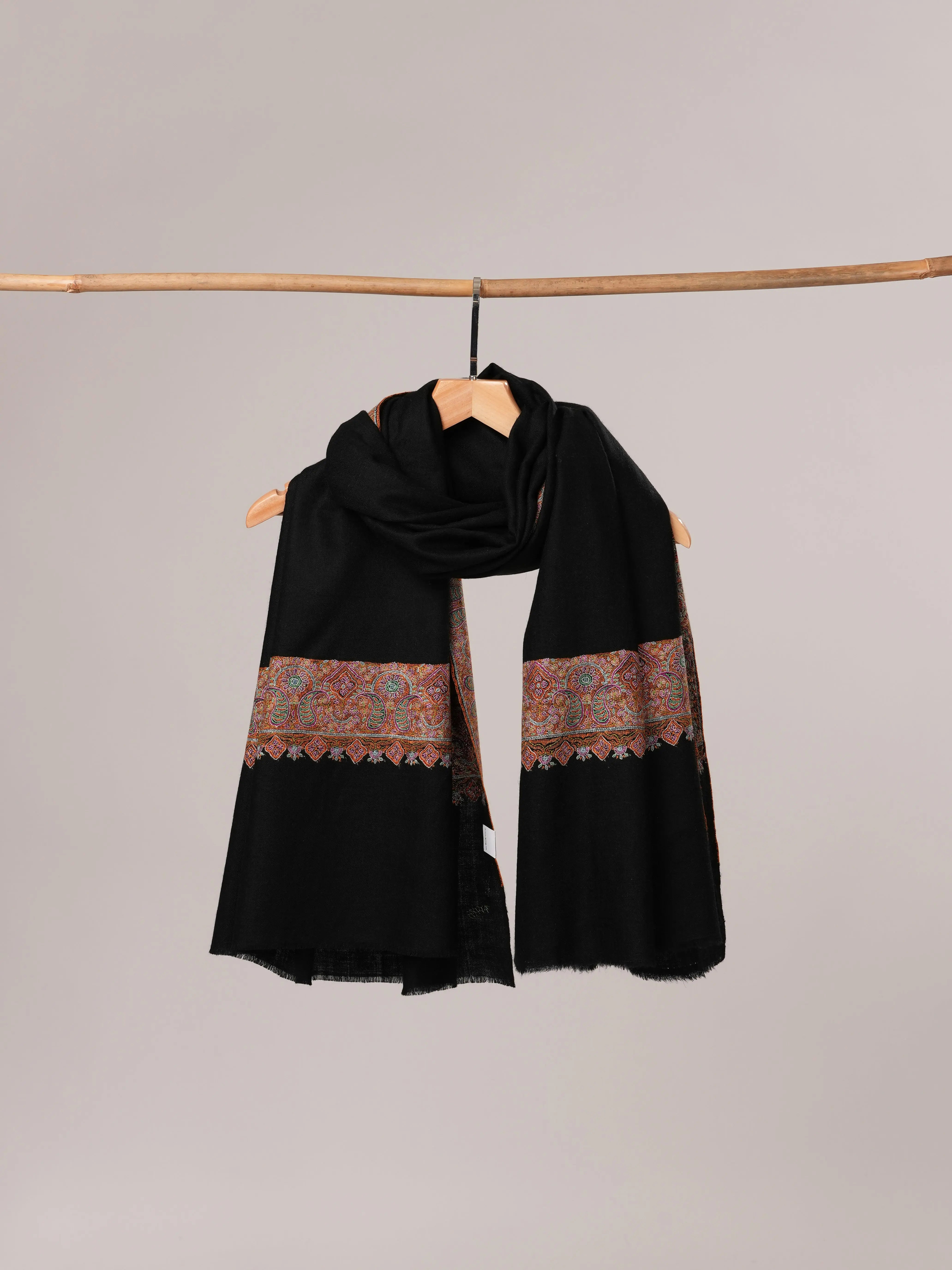 Black Pashmina Shawl with Traditional Daurdar Hand Embroidery Shahkaar.com