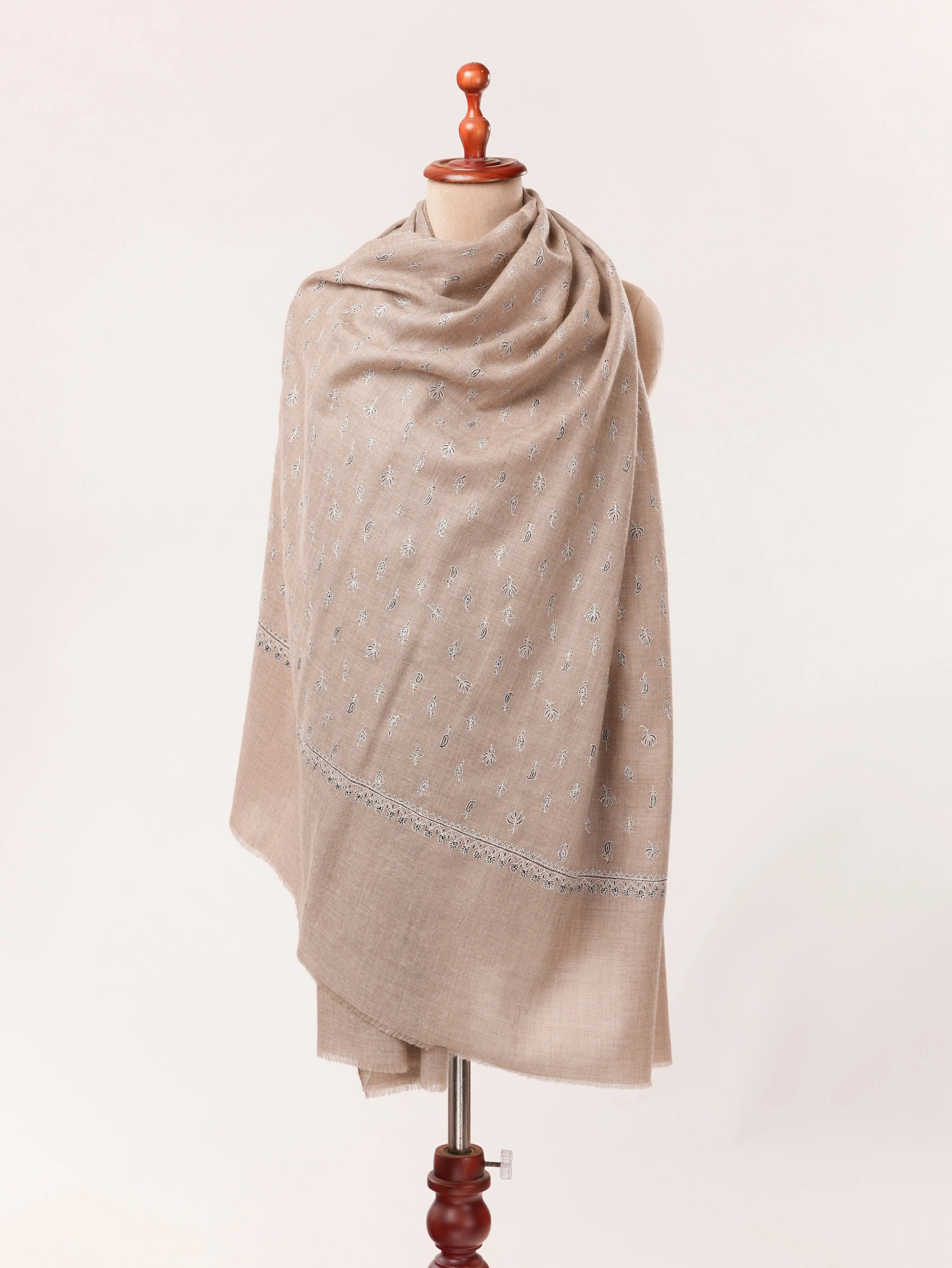 Handwoven Natural Taupe Beige Premium Pashmina Shawl with Kashmiri Sozni Buteh Embroidery Shahkaar.com