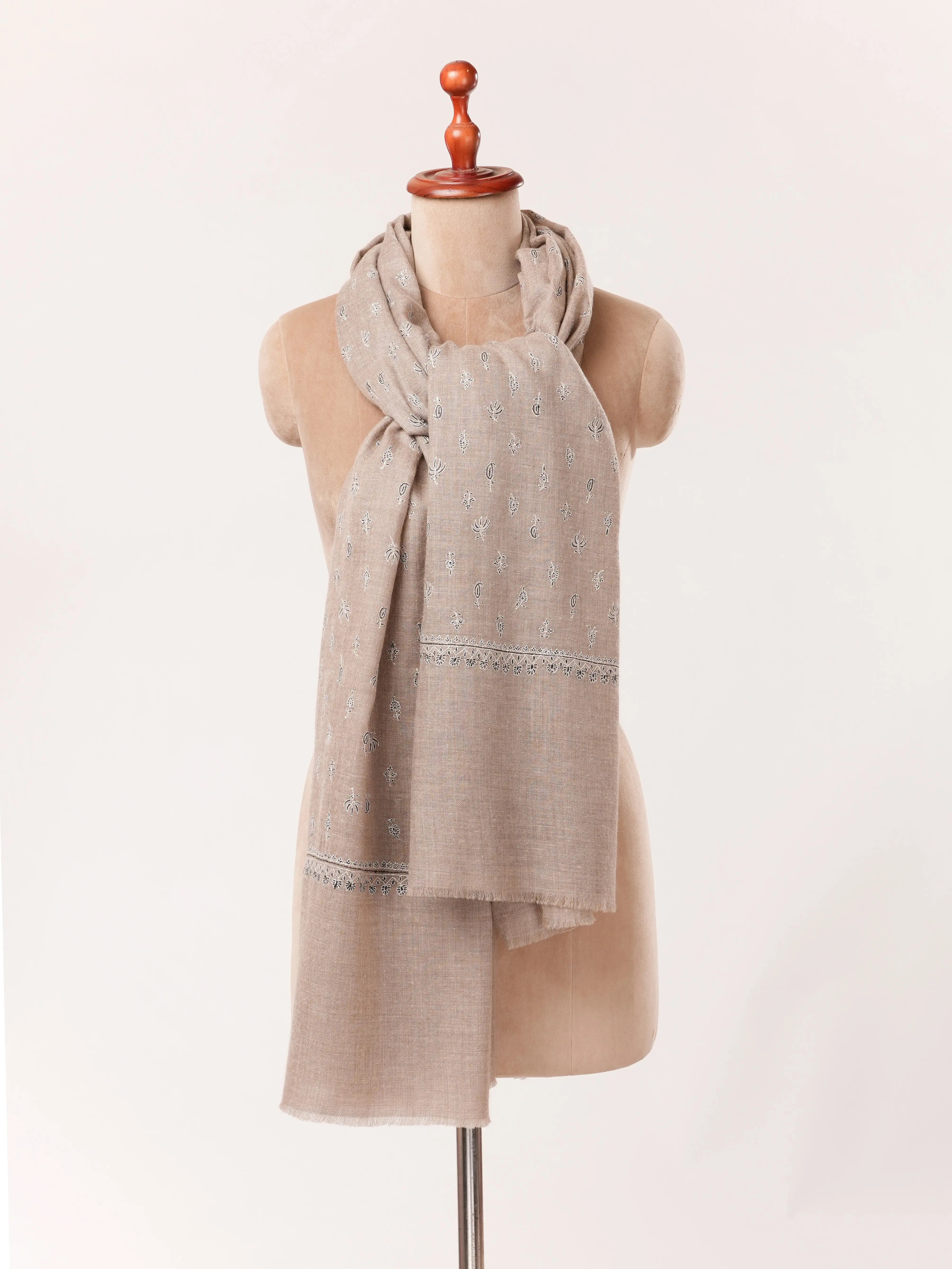 Handwoven Natural Taupe Beige Premium Pashmina Shawl with Kashmiri Sozni Buteh Embroidery Shahkaar.com