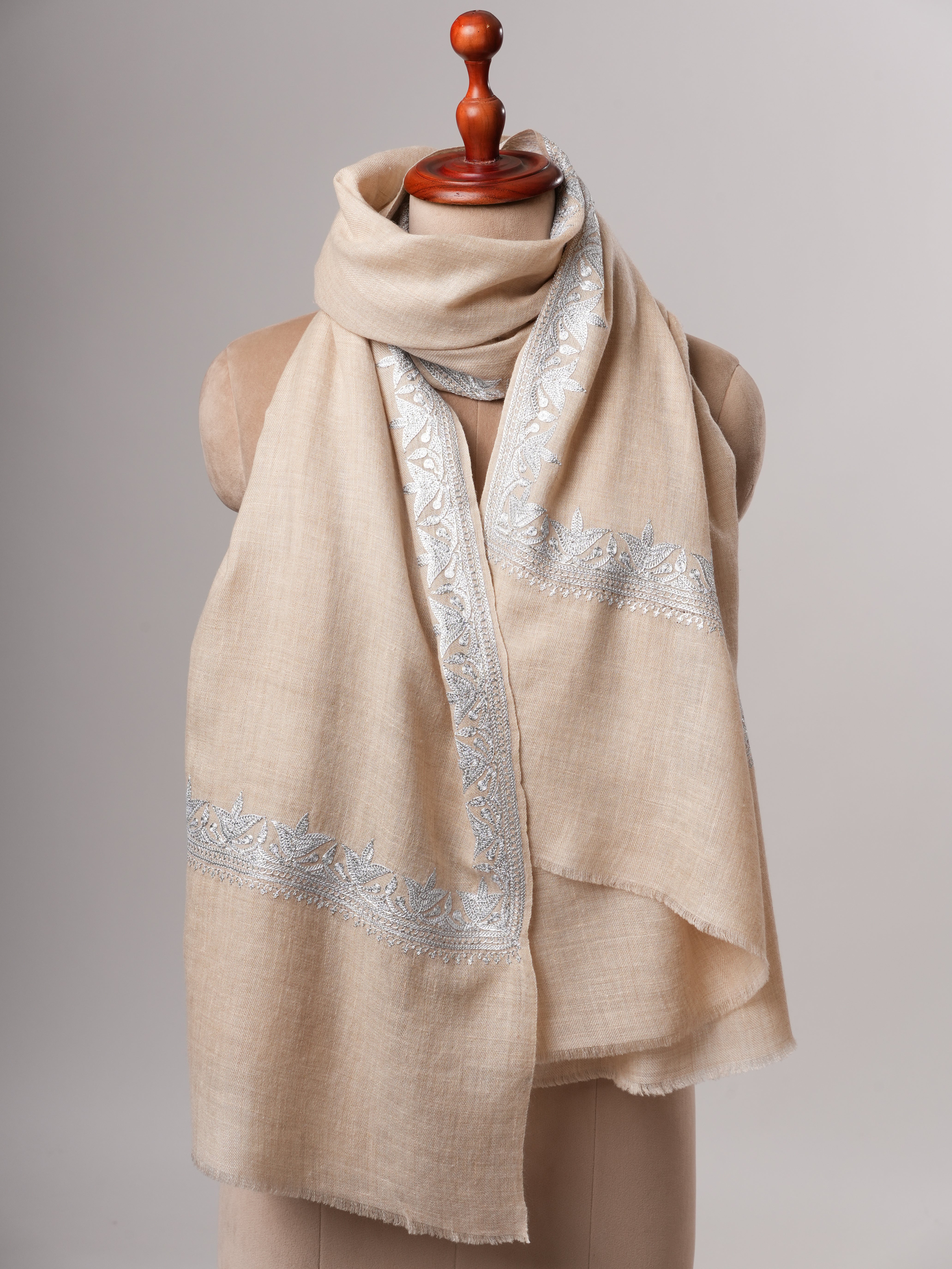 Handwoven Cream Pashmina Shawl Featuring Silver Tilla Daur Work Shahkaar