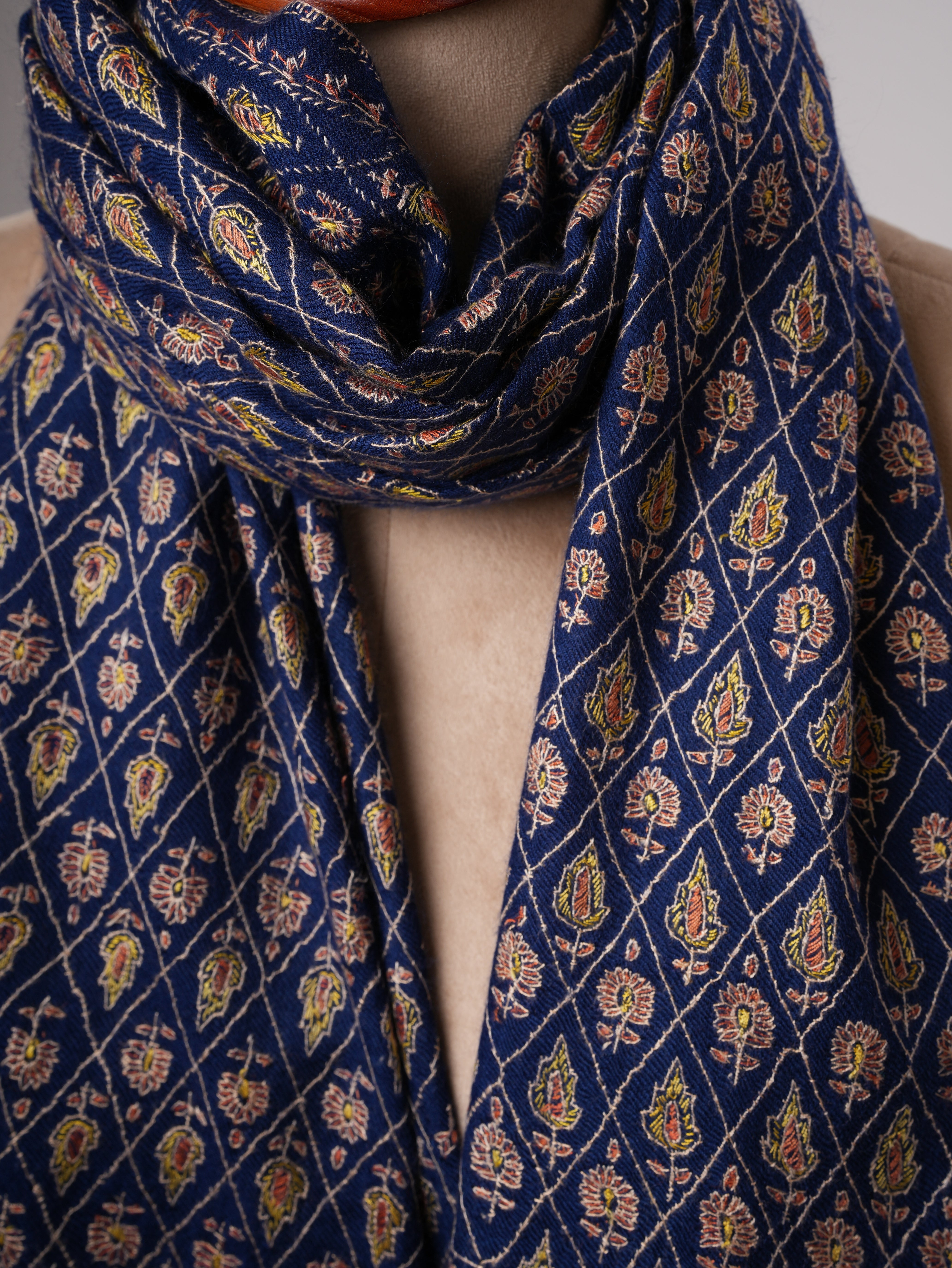 Hand Embroidered Navy Blue Kashmiri Cashmere Scarf Shahkaar