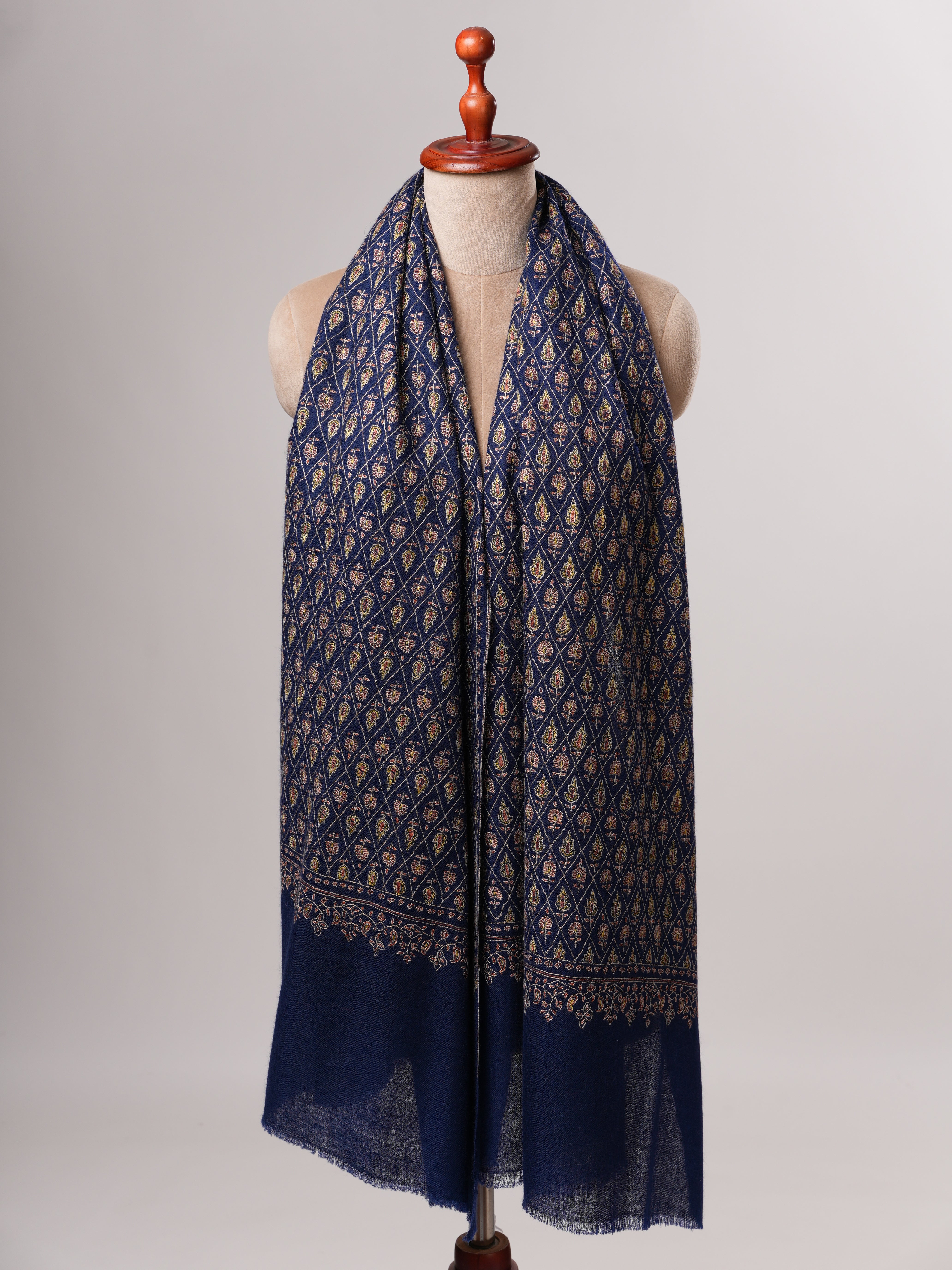 Hand Embroidered Navy Blue Kashmiri Cashmere Scarf Shahkaar