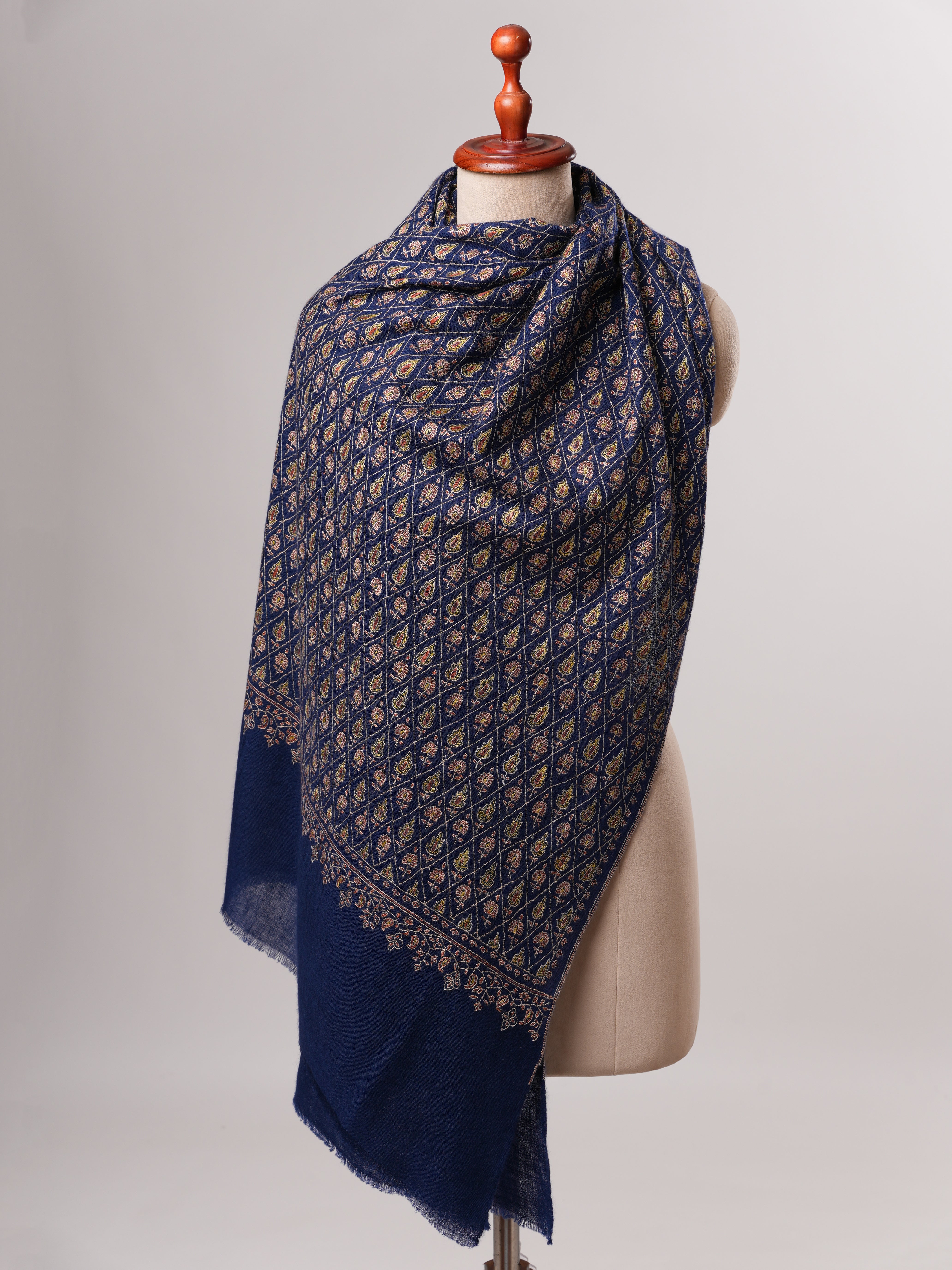 Hand Embroidered Navy Blue Kashmiri Cashmere Scarf Shahkaar
