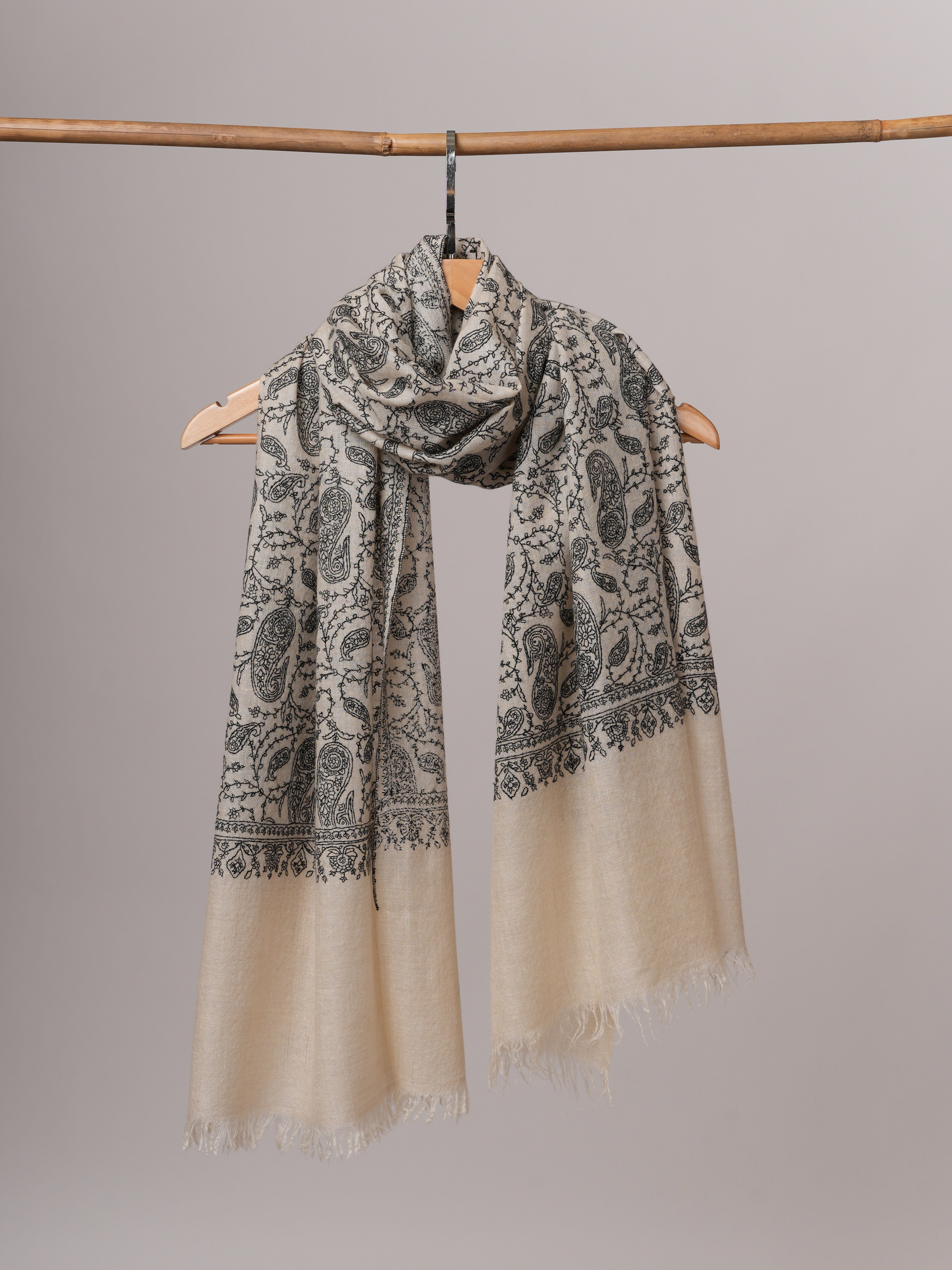 Natural White Cashmere Scarf with All-Over Black Hand Embroidery Shahkaar