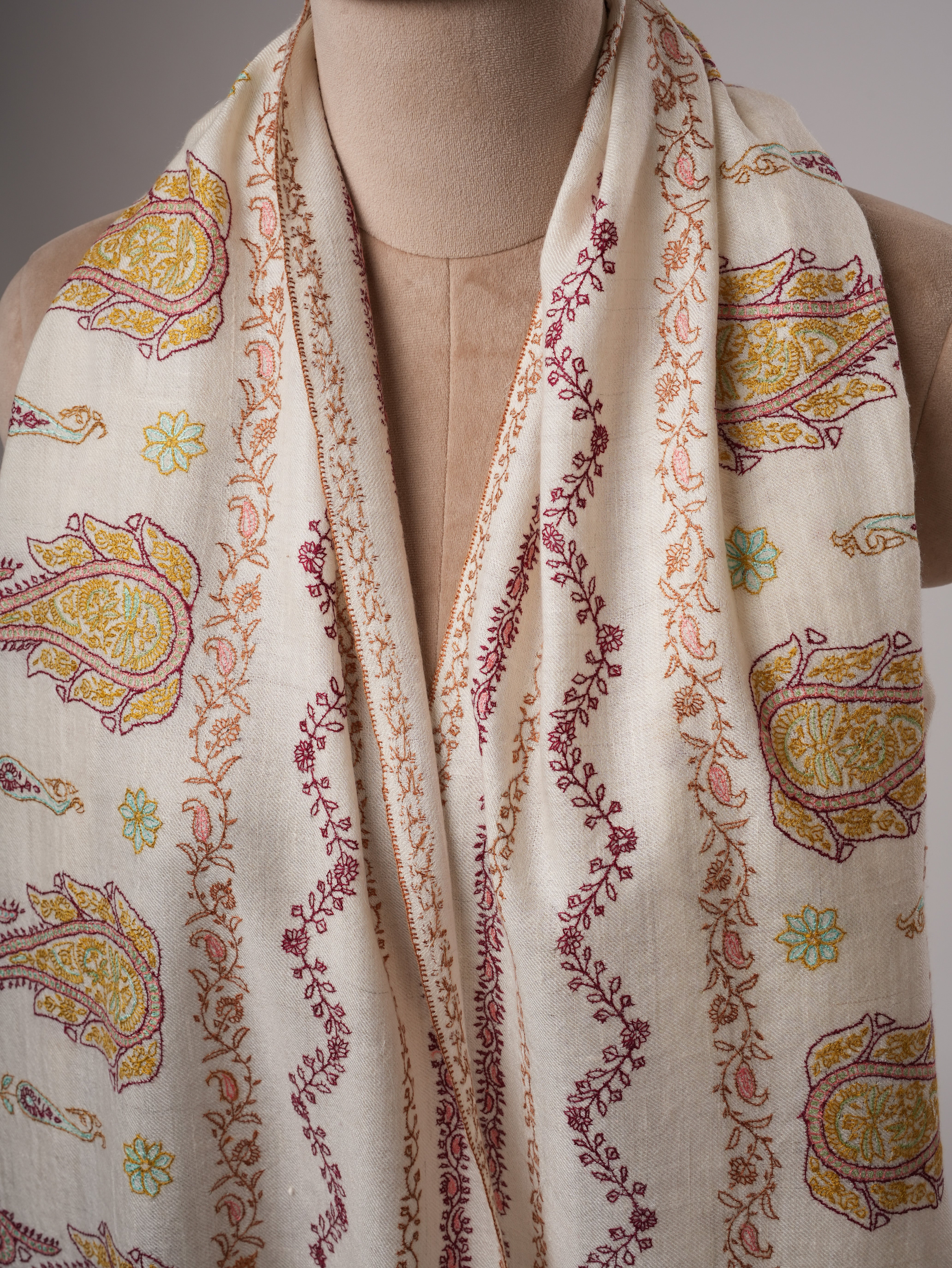 Soft Ivory Cashmere Scarf with Fine Embroidered Detailing Shahkaar