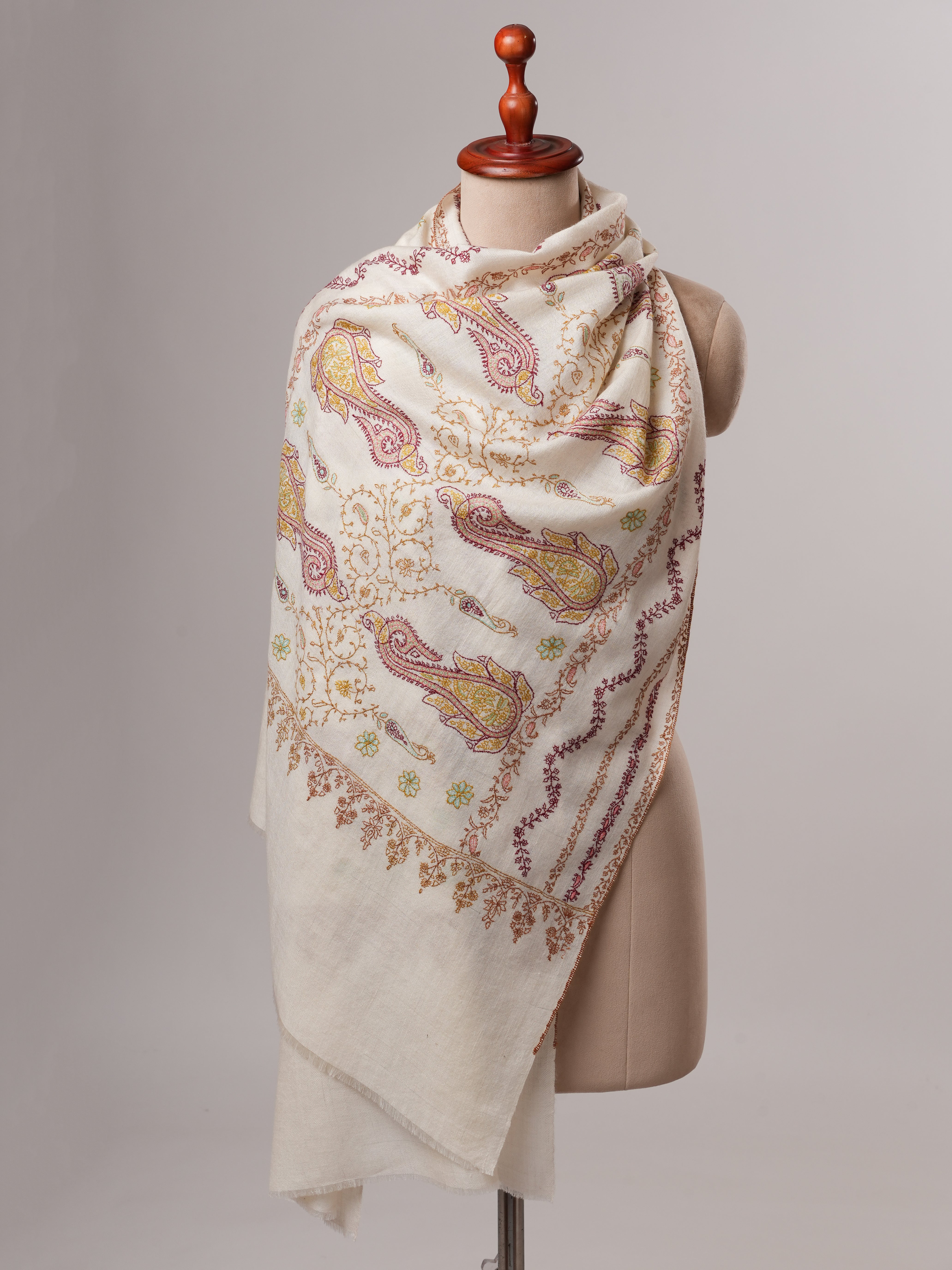 Soft Ivory Cashmere Scarf with Fine Embroidered Detailing Shahkaar