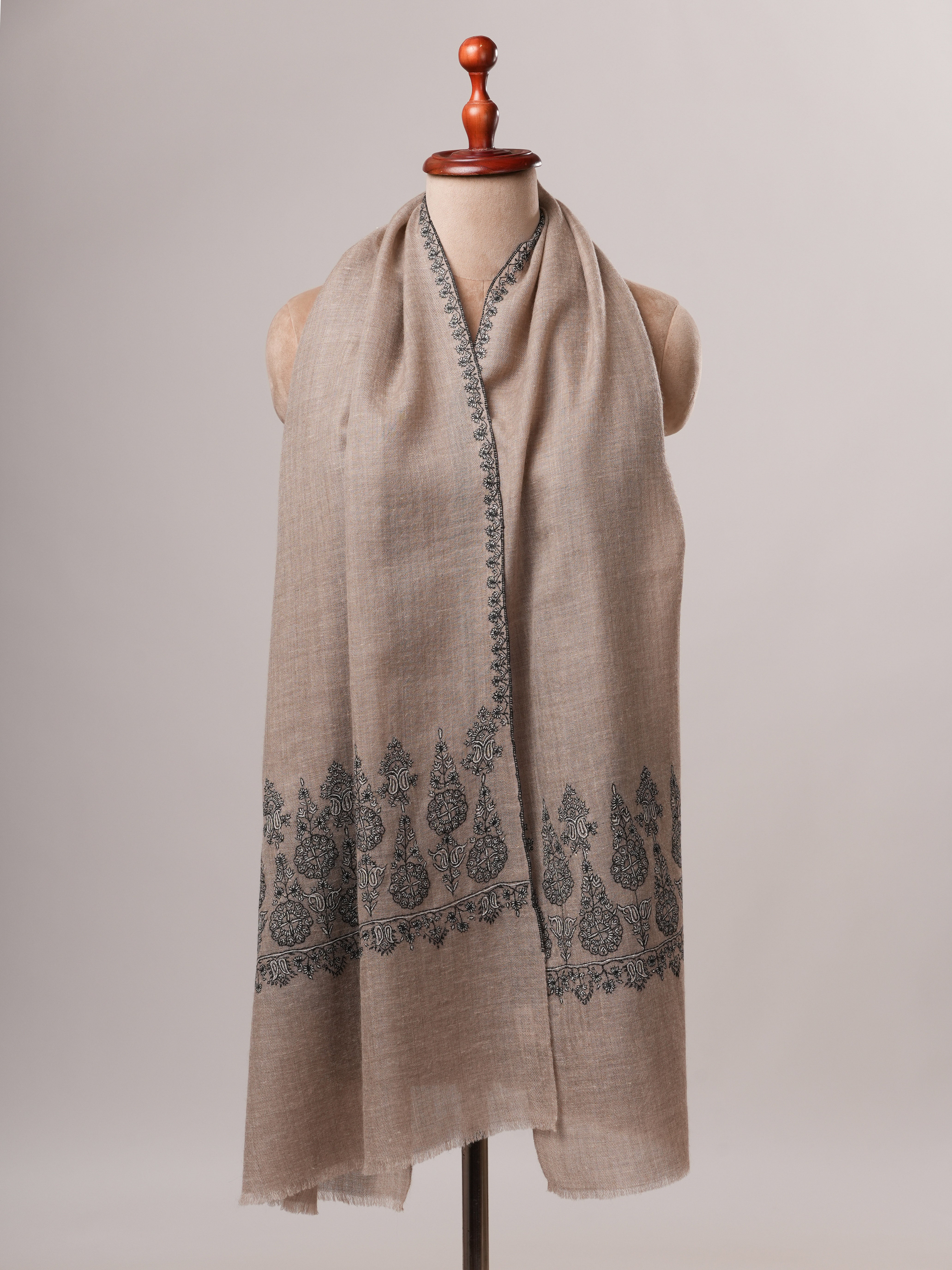 Handwoven Natural Grey Cashmere Scarf with Black and White Palla Embroidery Shahkaar