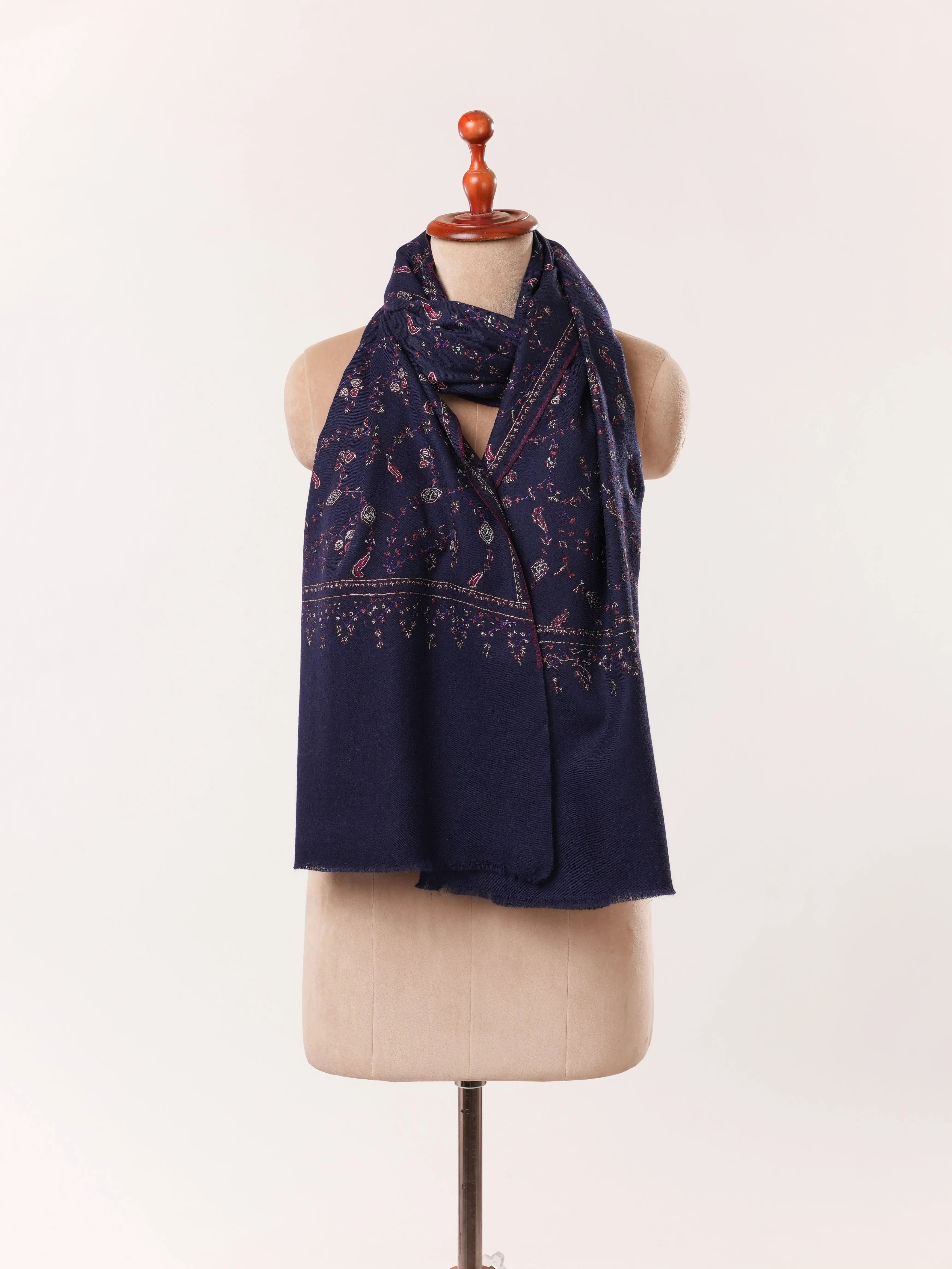 Dark Blue Cashmere Kashmiri Handwoven Scarf with Jali Embroidery Shahkaar.com