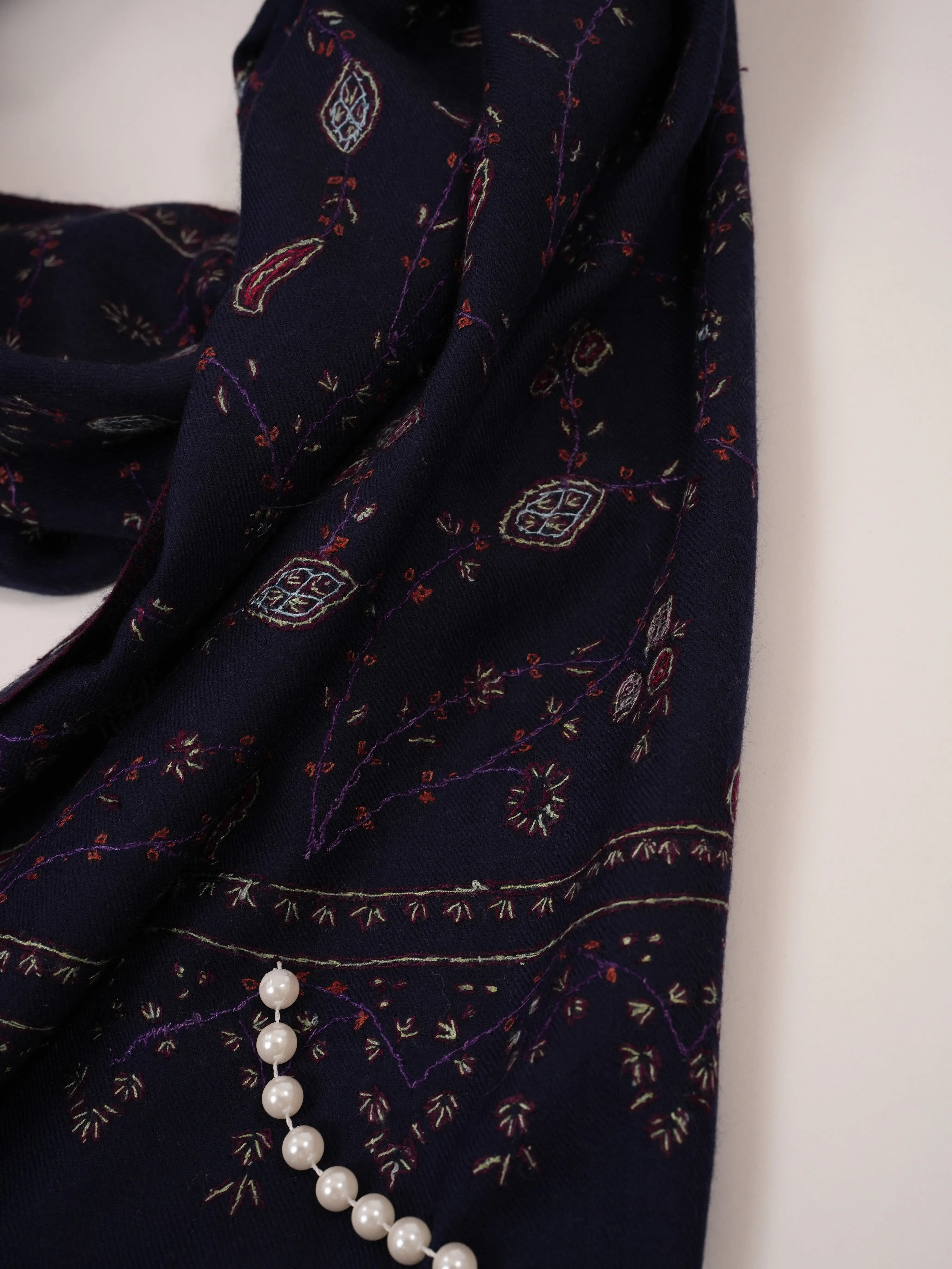 Dark Blue Cashmere Kashmiri Handwoven Scarf with Jali Embroidery Shahkaar.com