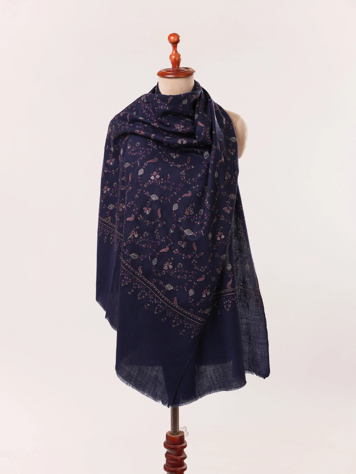 Dark Blue Cashmere Kashmiri Handwoven Scarf with Jali Embroidery Shahkaar.com