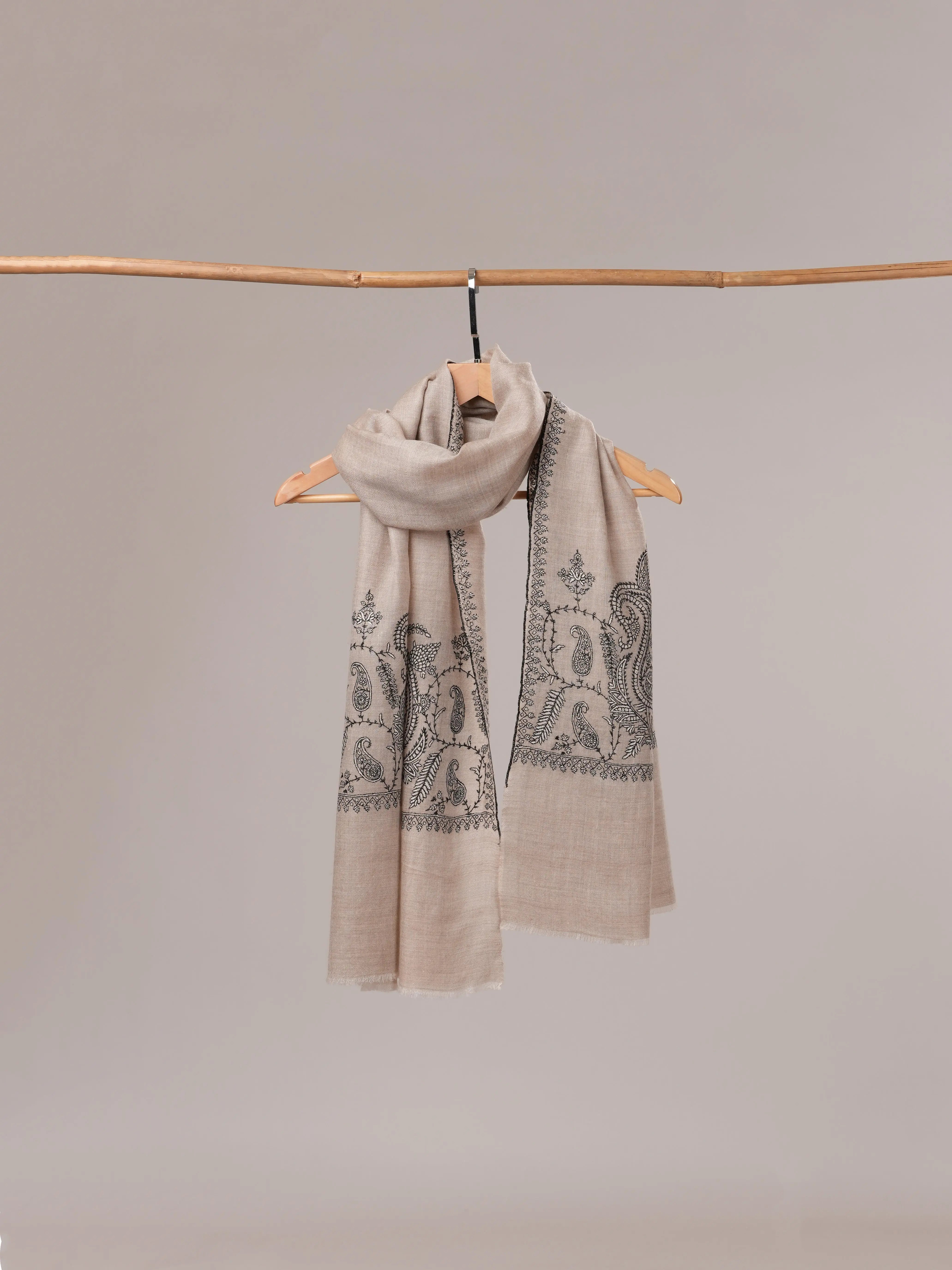 Natural Grey Cashmere Scarf with Palla Paisley Hand Embroidery Shahkaar.com