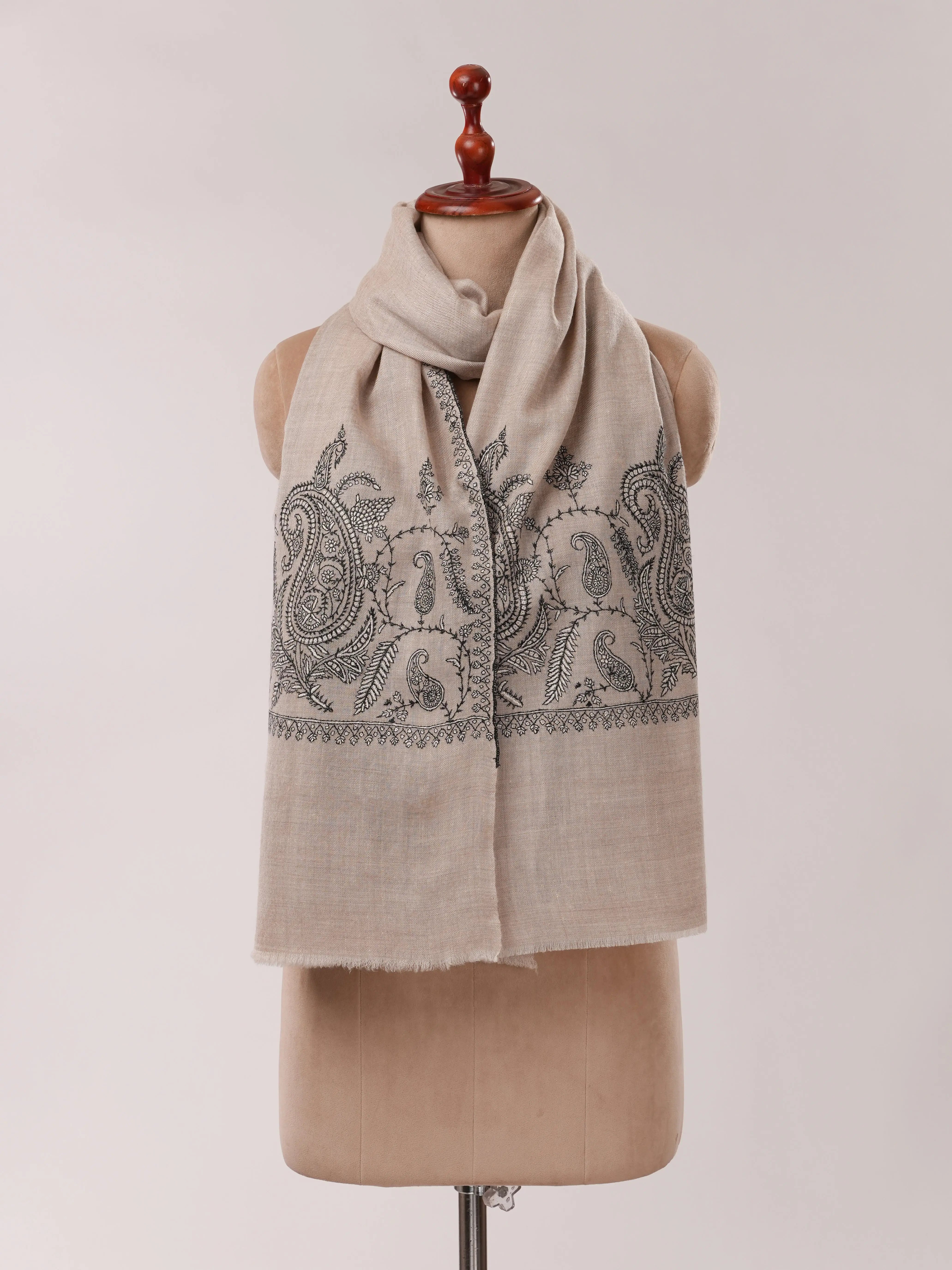 Natural Grey Cashmere Scarf with Palla Paisley Hand Embroidery Shahkaar.com