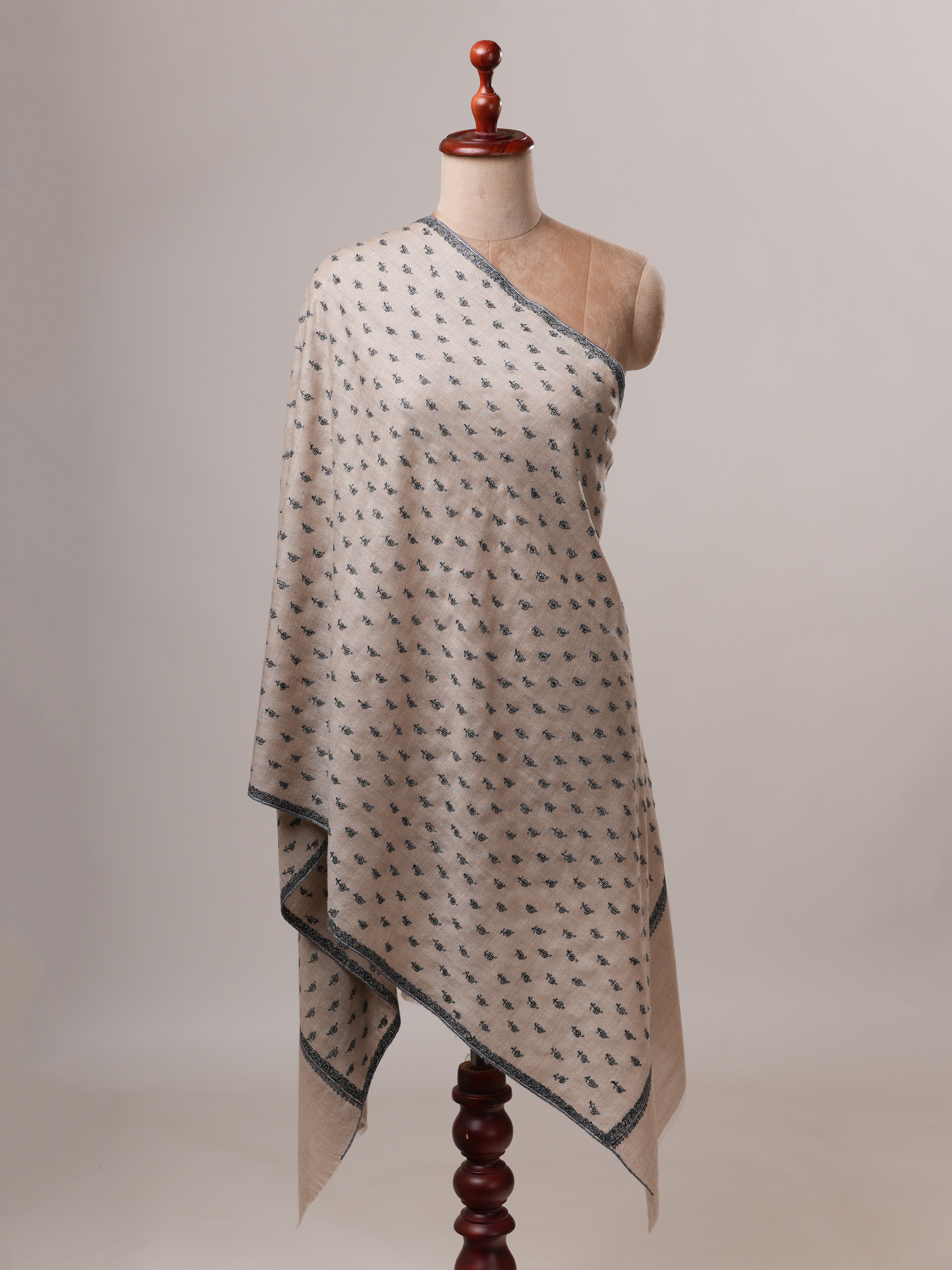 Natural Cashmere Scarf with All Over Machie Buteh Hand Embroidery Shahkaar