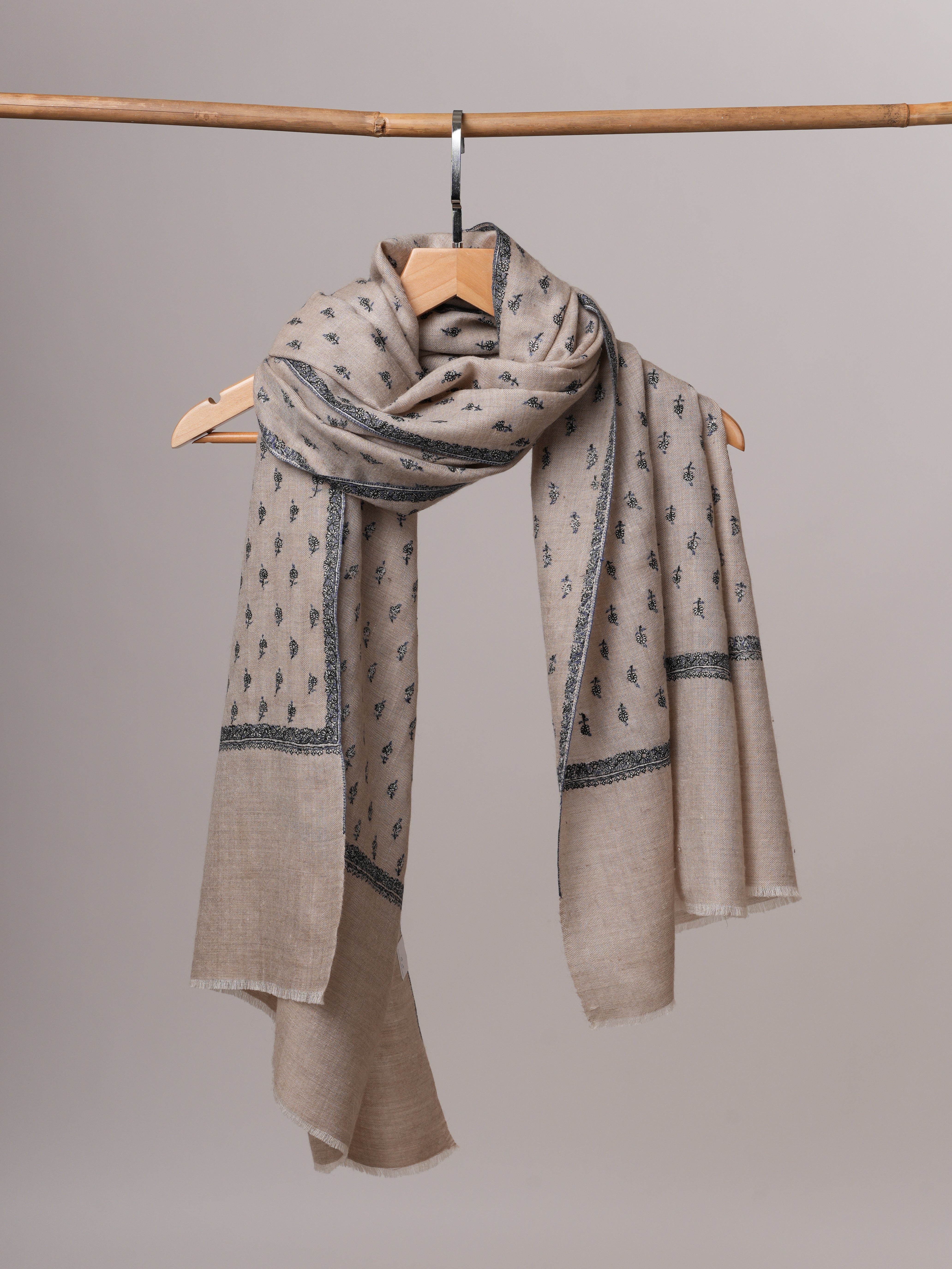 Natural Cashmere Scarf with All Over Machie Buteh Hand Embroidery Shahkaar