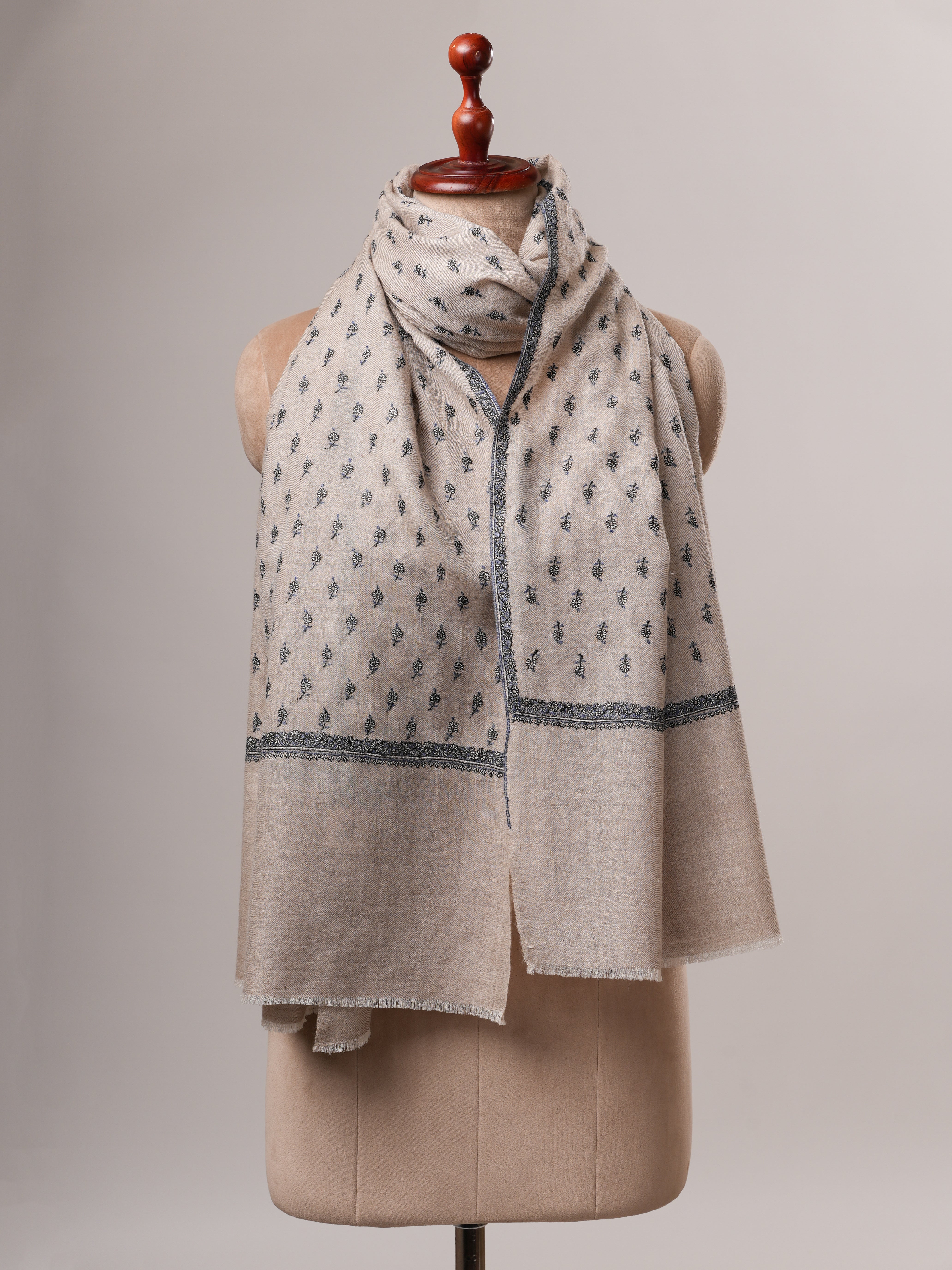 Natural Cashmere Scarf with All Over Machie Buteh Hand Embroidery Shahkaar
