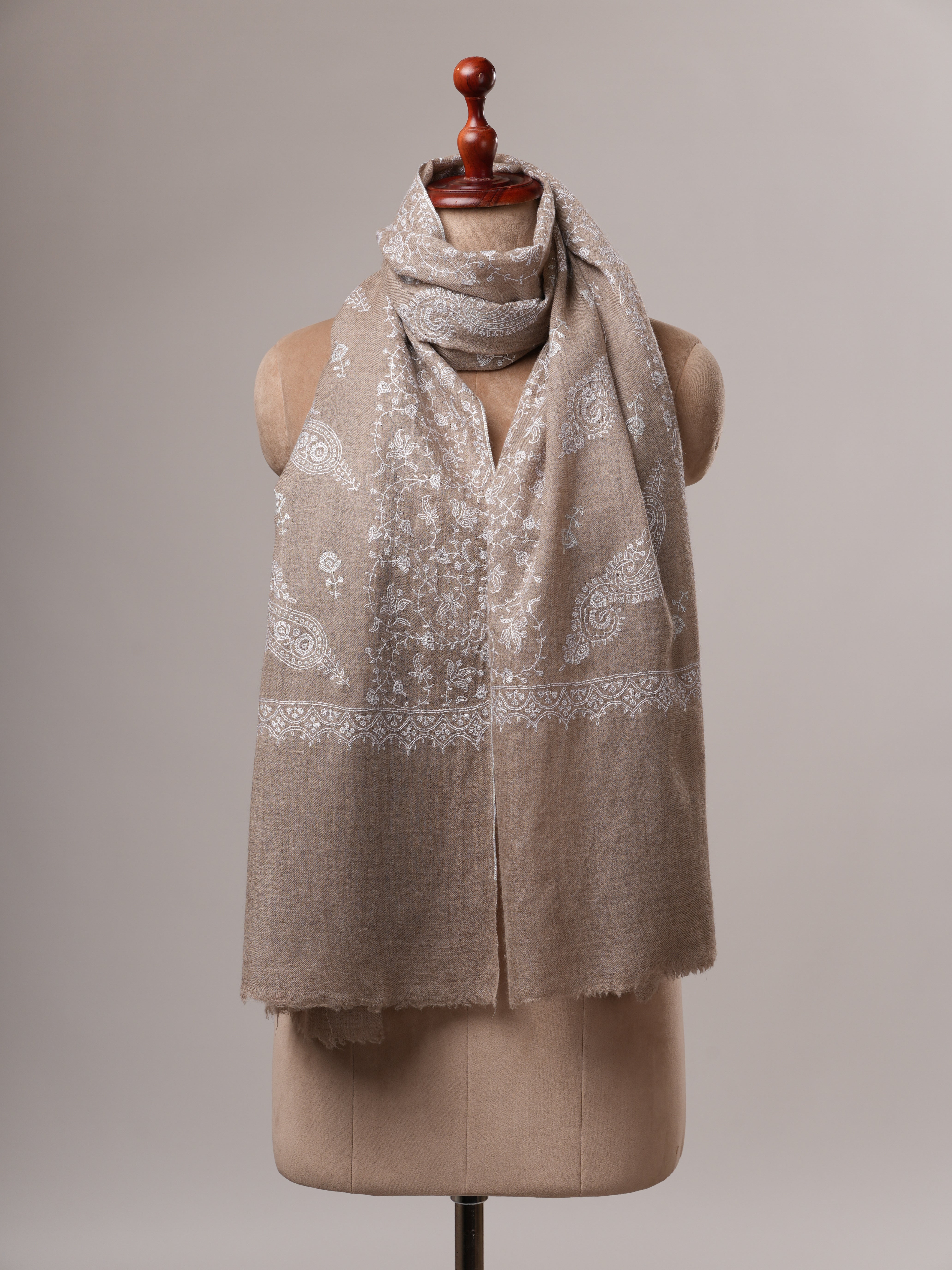 Handwoven Natural Grey Cashmere Scarf with White Embroidery Shahkaar