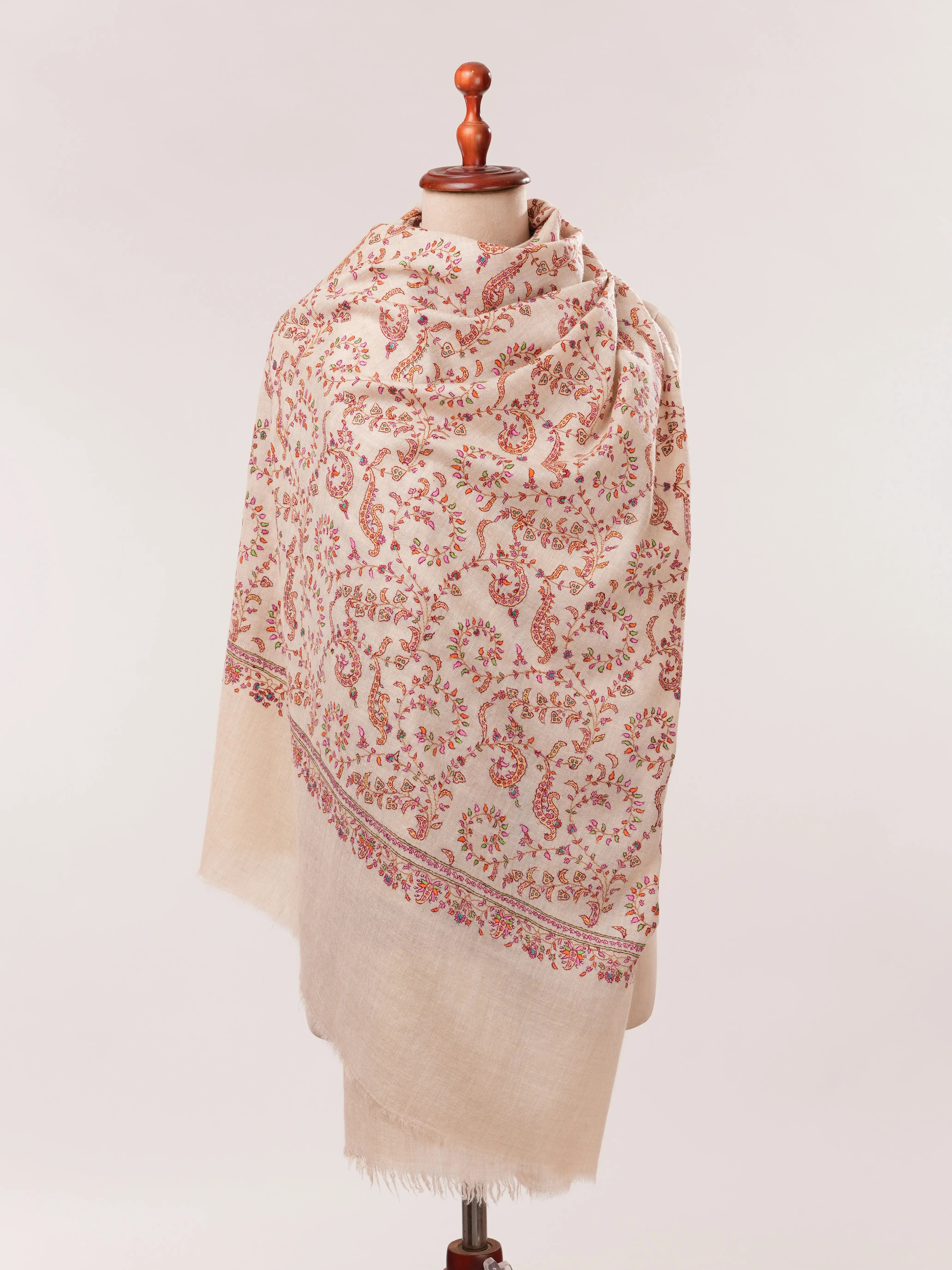 Natural Off White Hand Embroidered Pure Pashmina Shawl Shahkaar.com