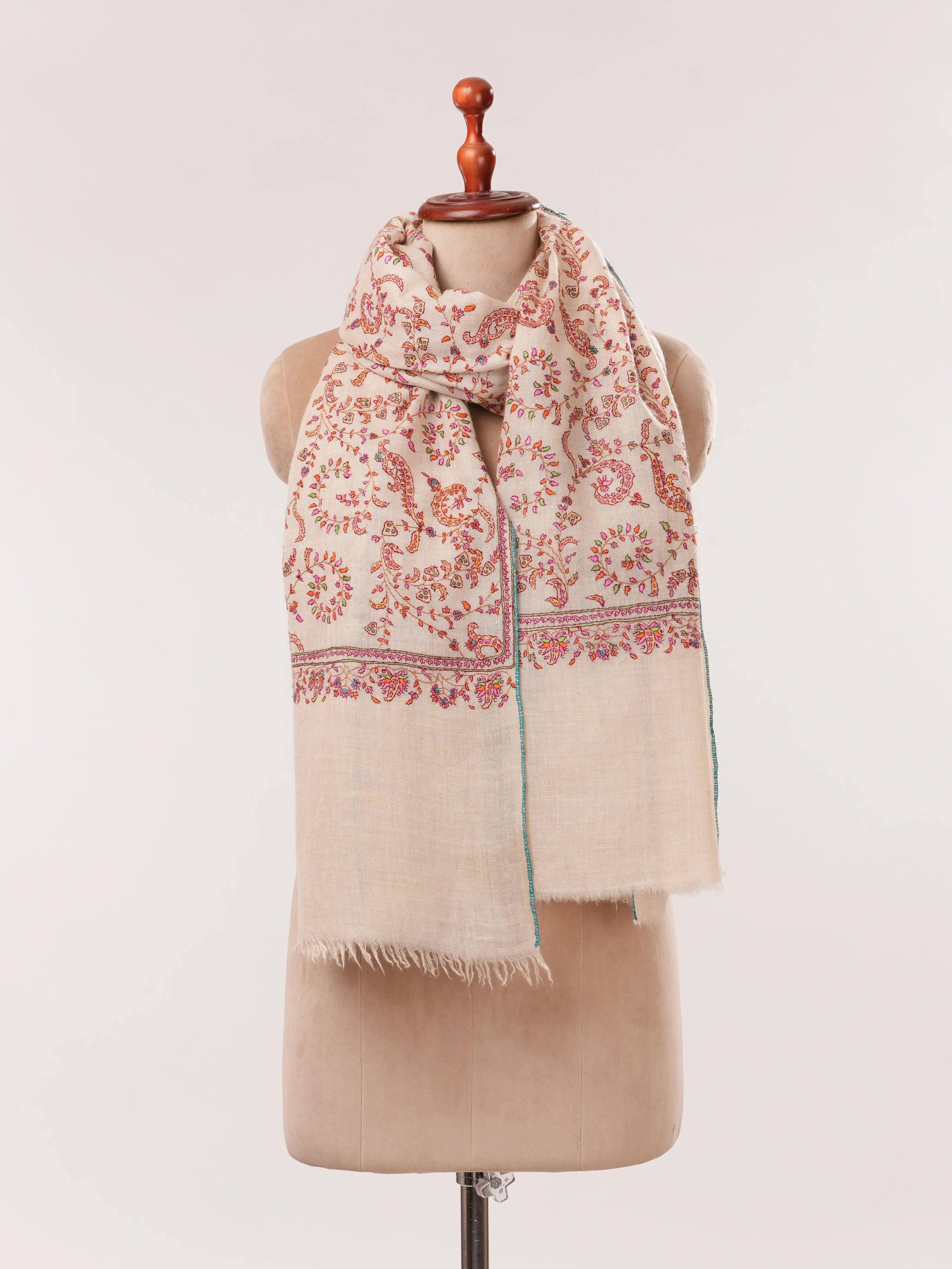 Natural Off White Hand Embroidered Pure Pashmina Shawl Shahkaar.com