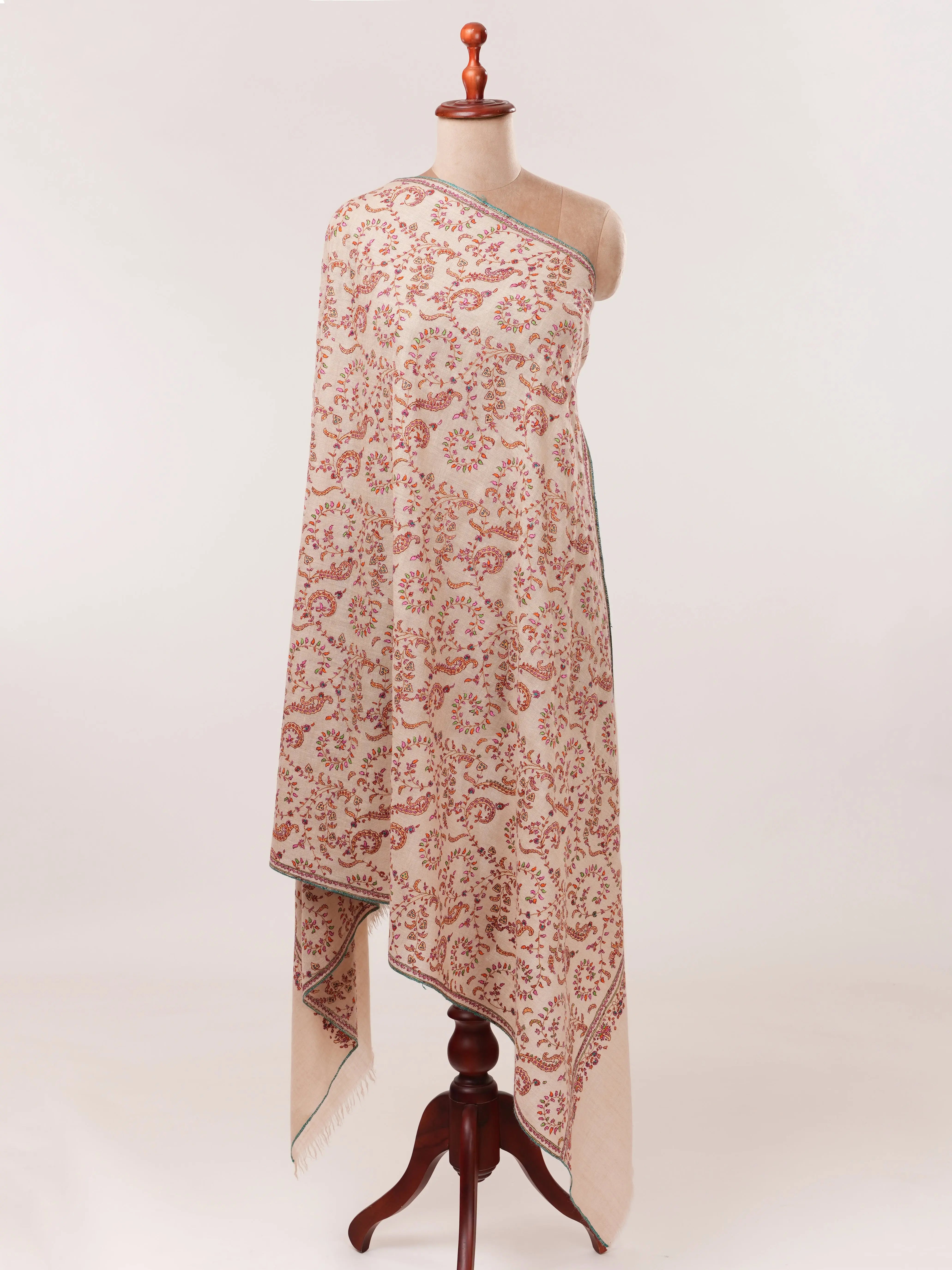Natural Off White Hand Embroidered Pure Pashmina Shawl Shahkaar.com