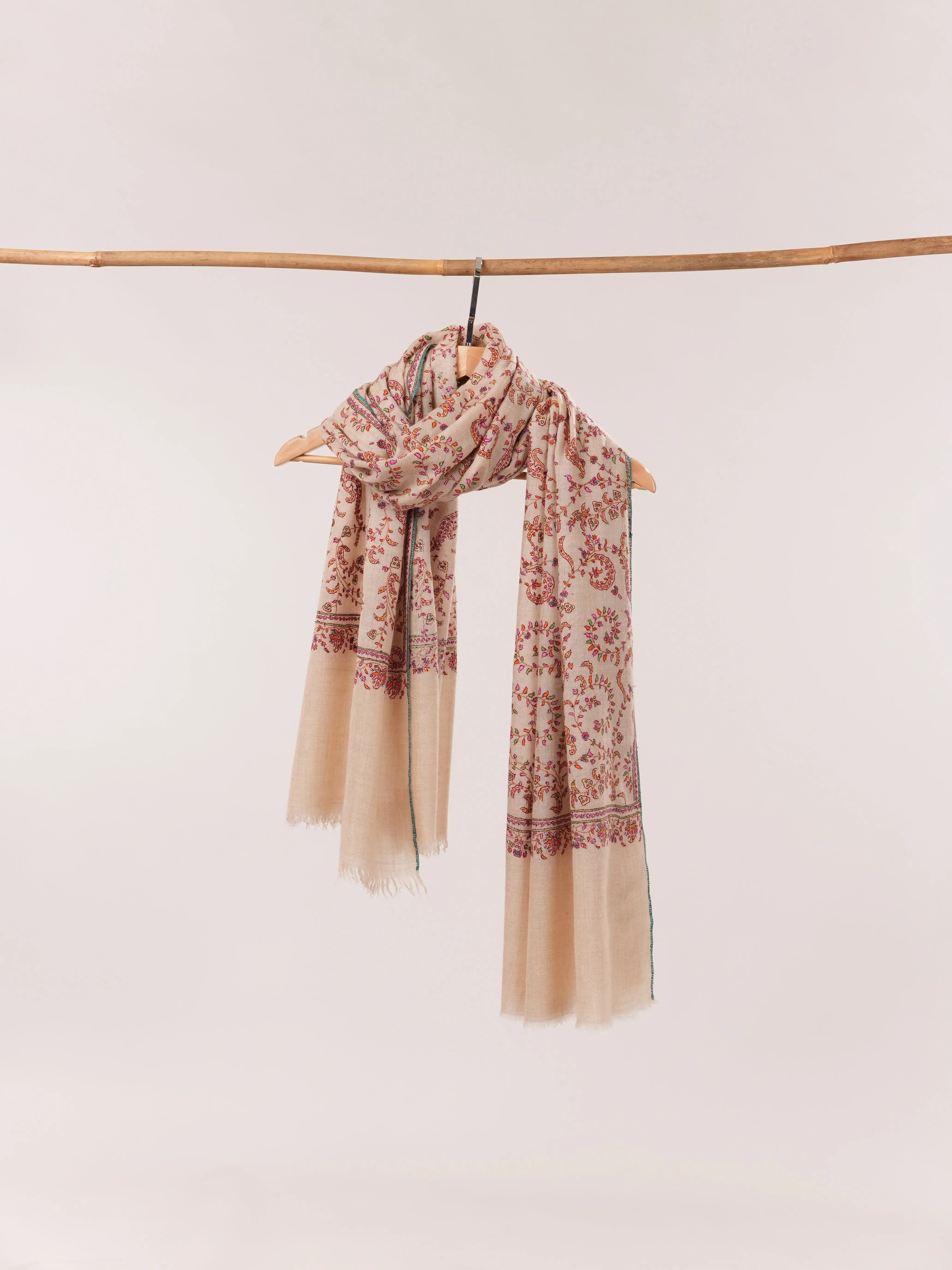 Natural Off White Hand Embroidered Pure Pashmina Shawl Shahkaar.com