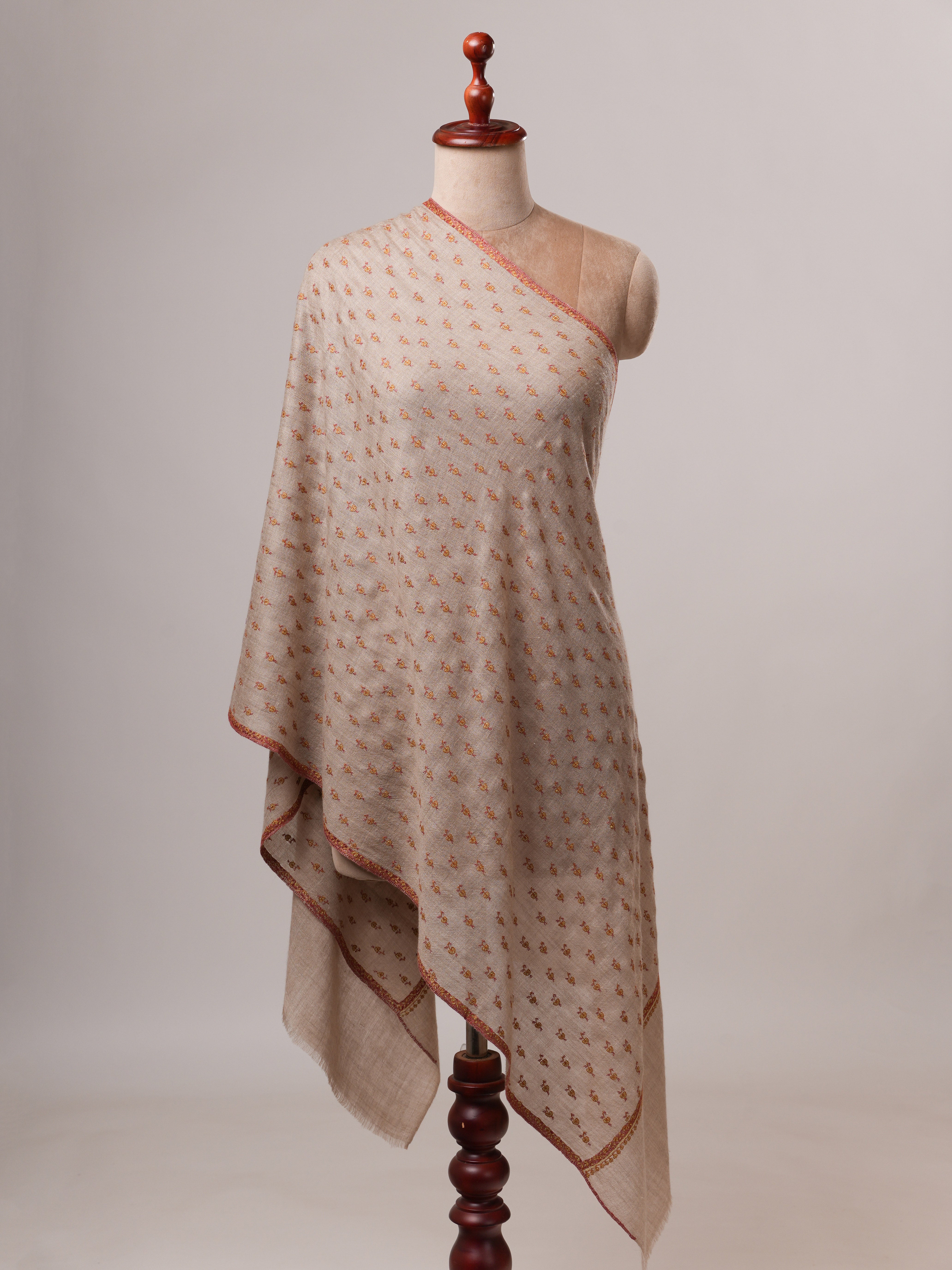 Natural Grey Cashmere Scarf with All-Over Machie Buteh Hand Embroidery Shahkaar