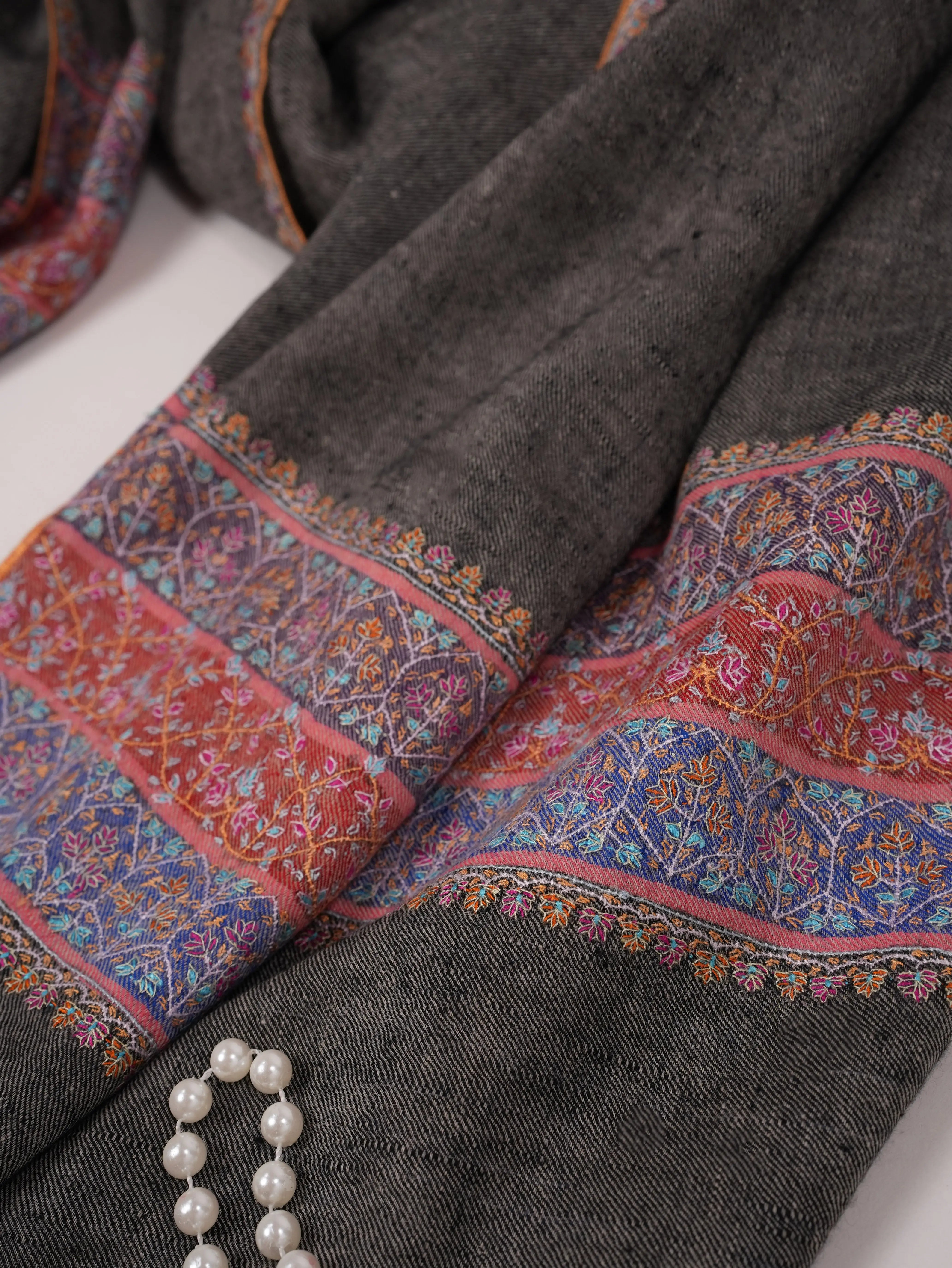 Black Kashmiri Shawl with Handwoven Pashmina Palldar Hand Embroidered Shahkaar.com