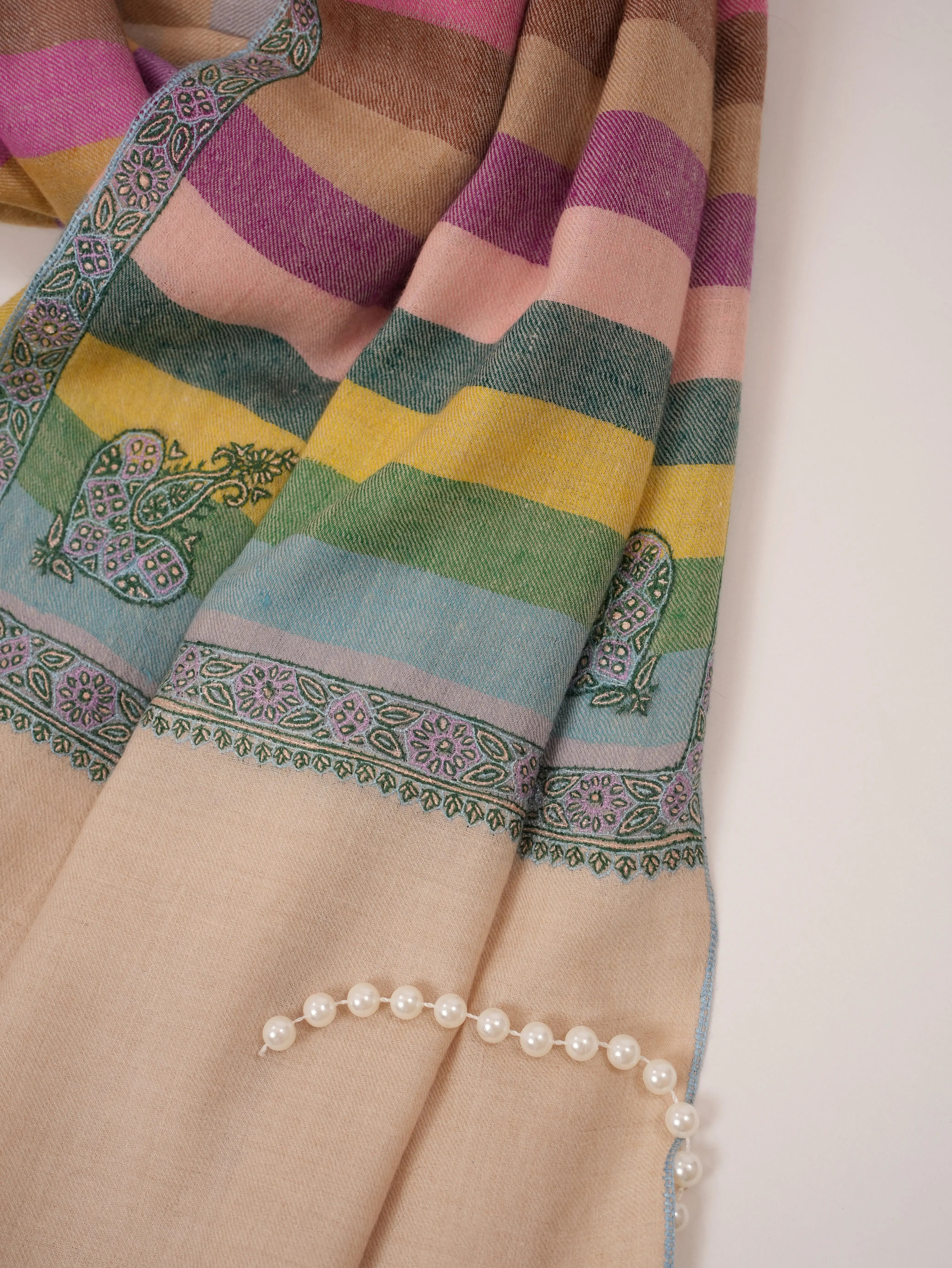 Kashmiri Handwoven Soft Stripe Pashmina Shawl with Hashia Embroidery Shahkaar.com
