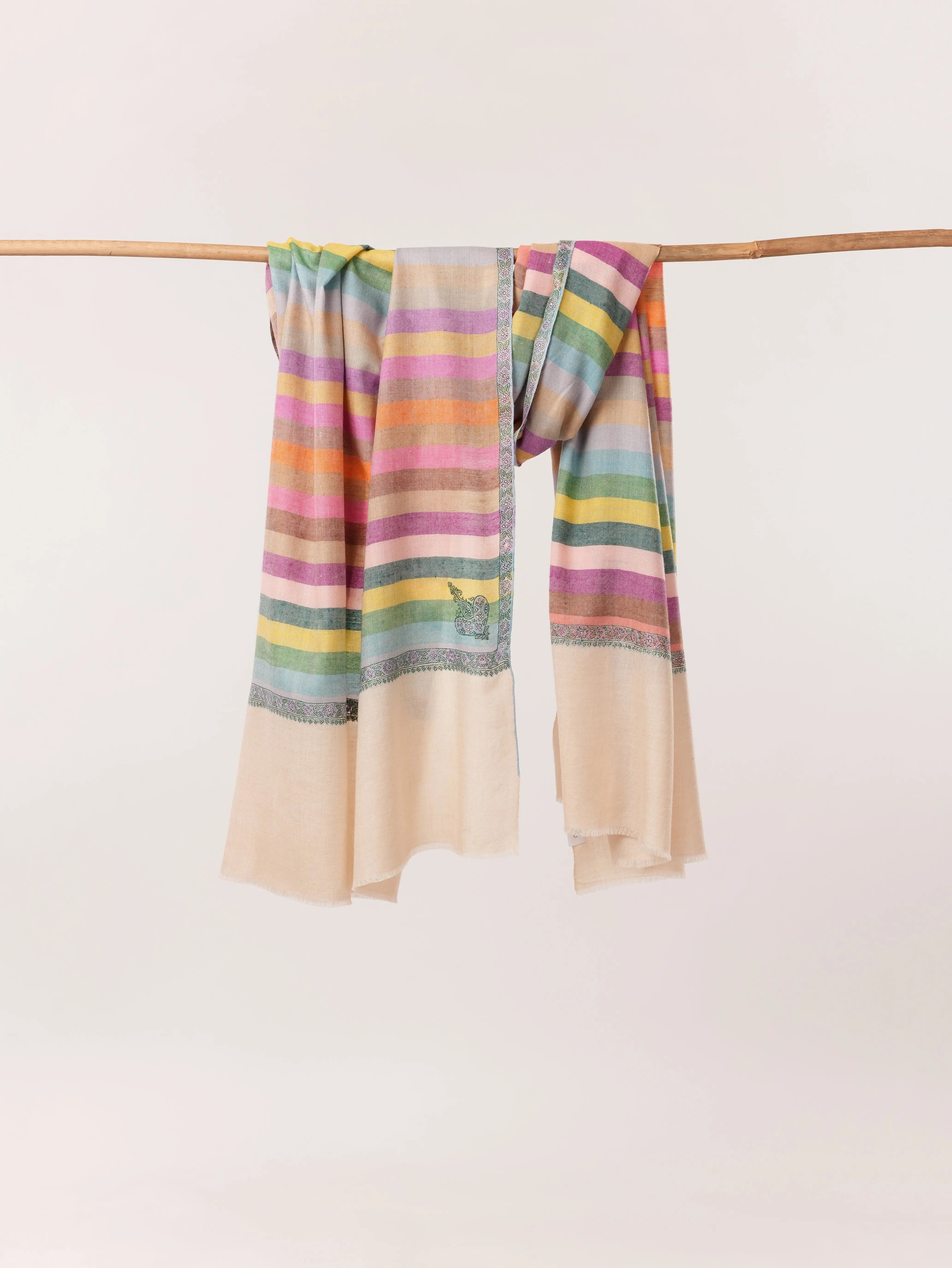 Kashmiri Handwoven Soft Stripe Pashmina Shawl with Hashia Embroidery Shahkaar.com