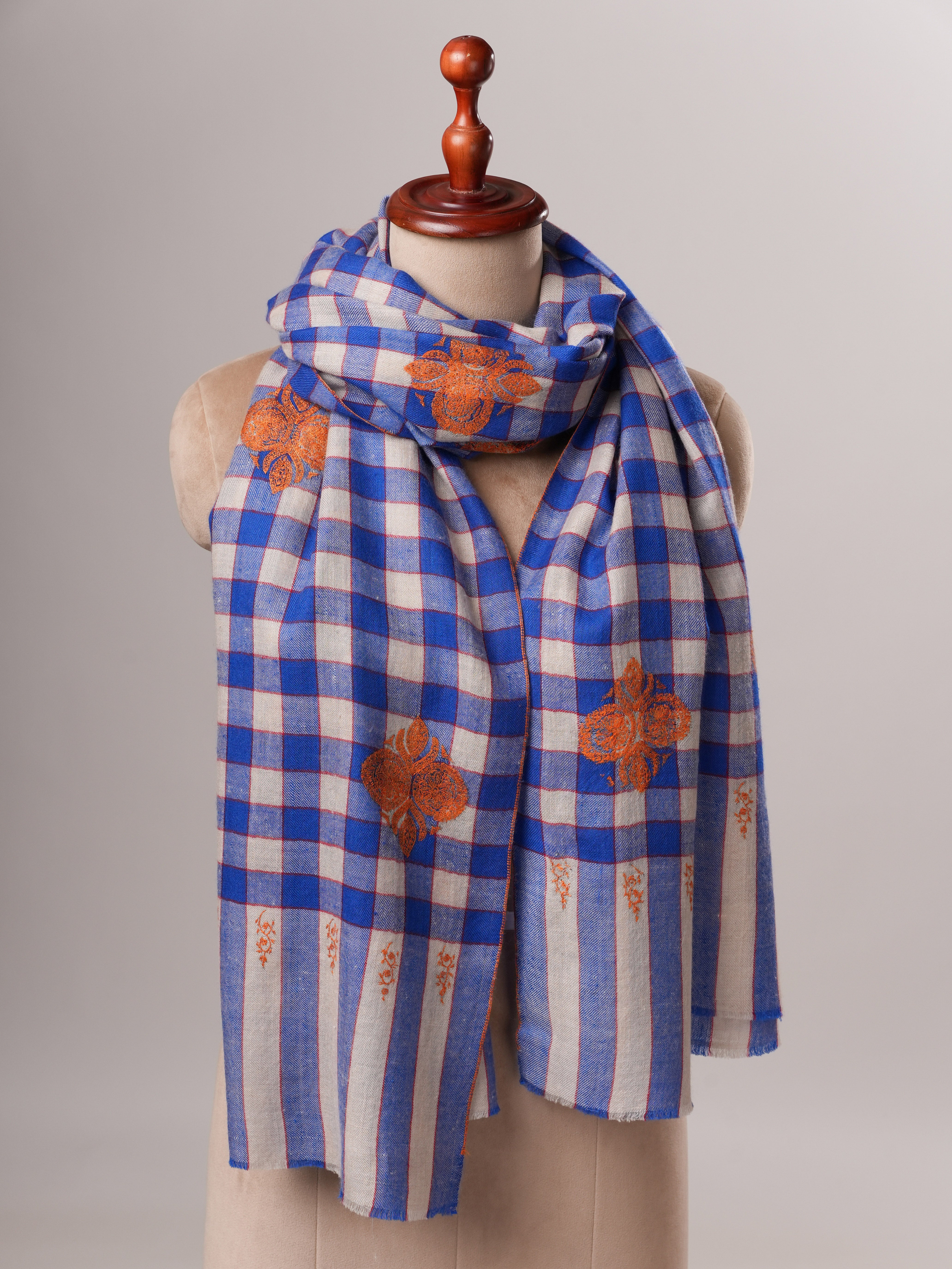 Modern Checked Cashmere Scarf with Traditional Buteh Embroidery Shahkaar