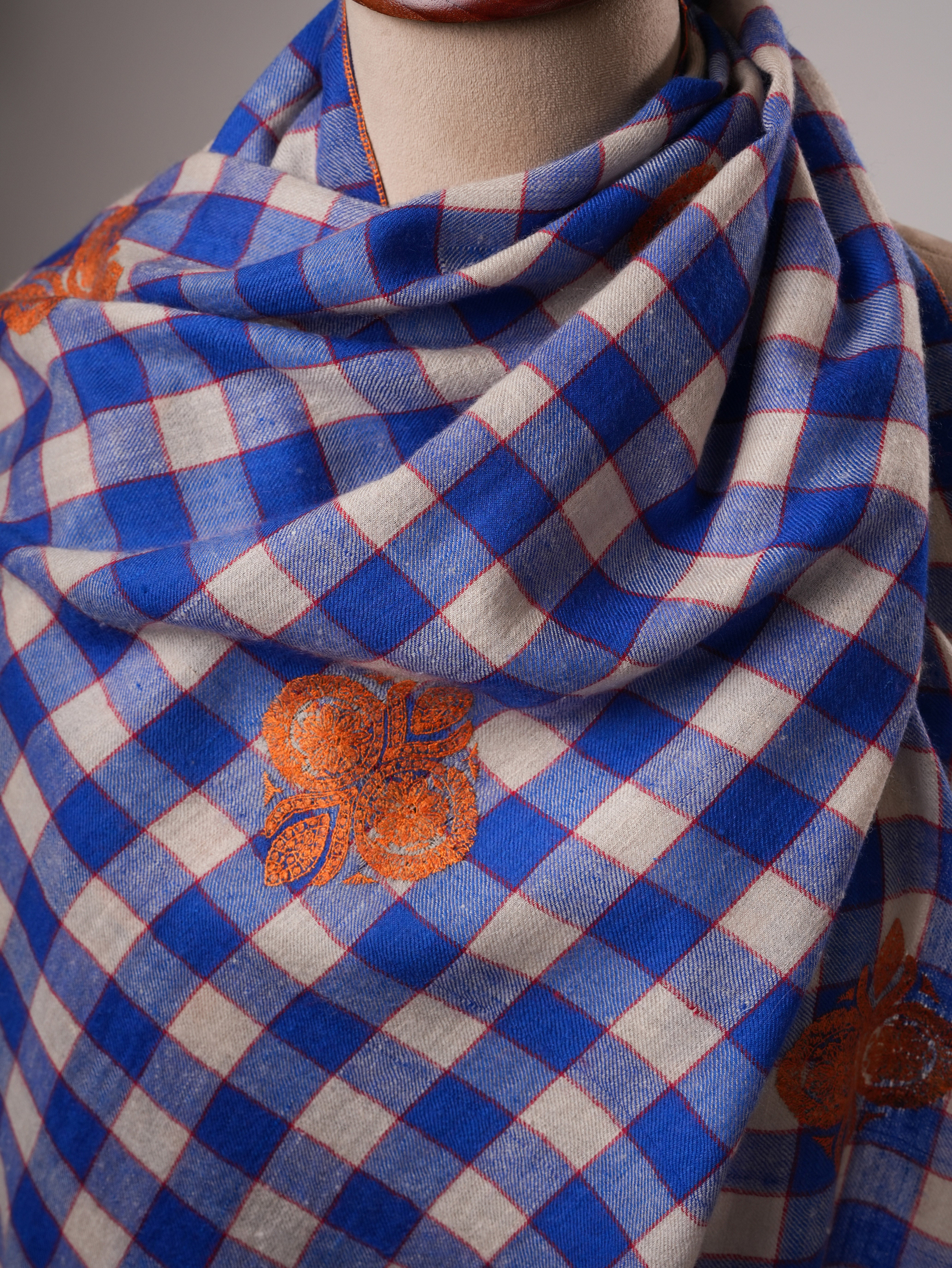 Modern Checked Cashmere Scarf with Traditional Buteh Embroidery Shahkaar