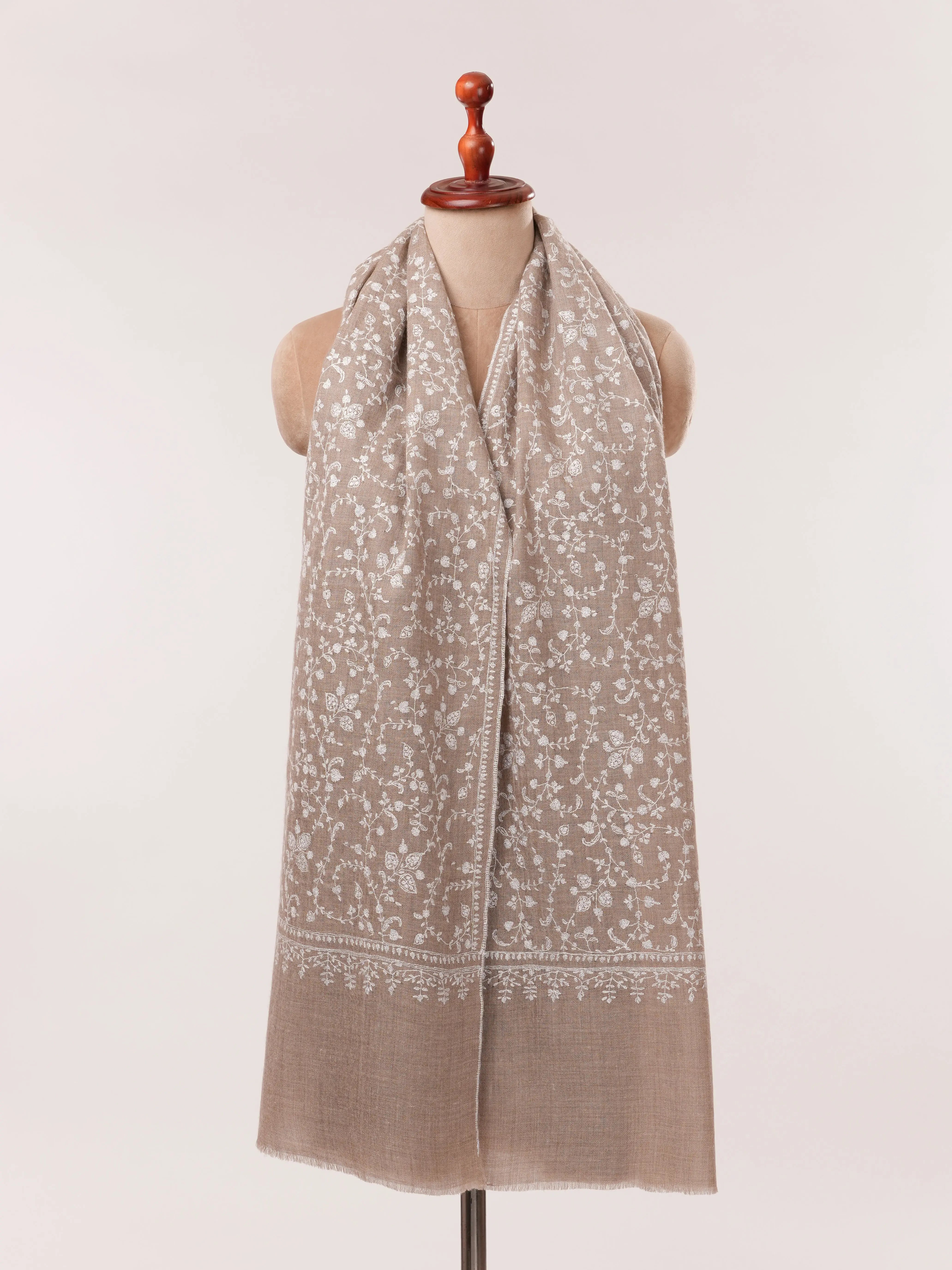 Natural Taupe Soft Pashmina Shawl with White Hand Embroidery Shahkaar.com