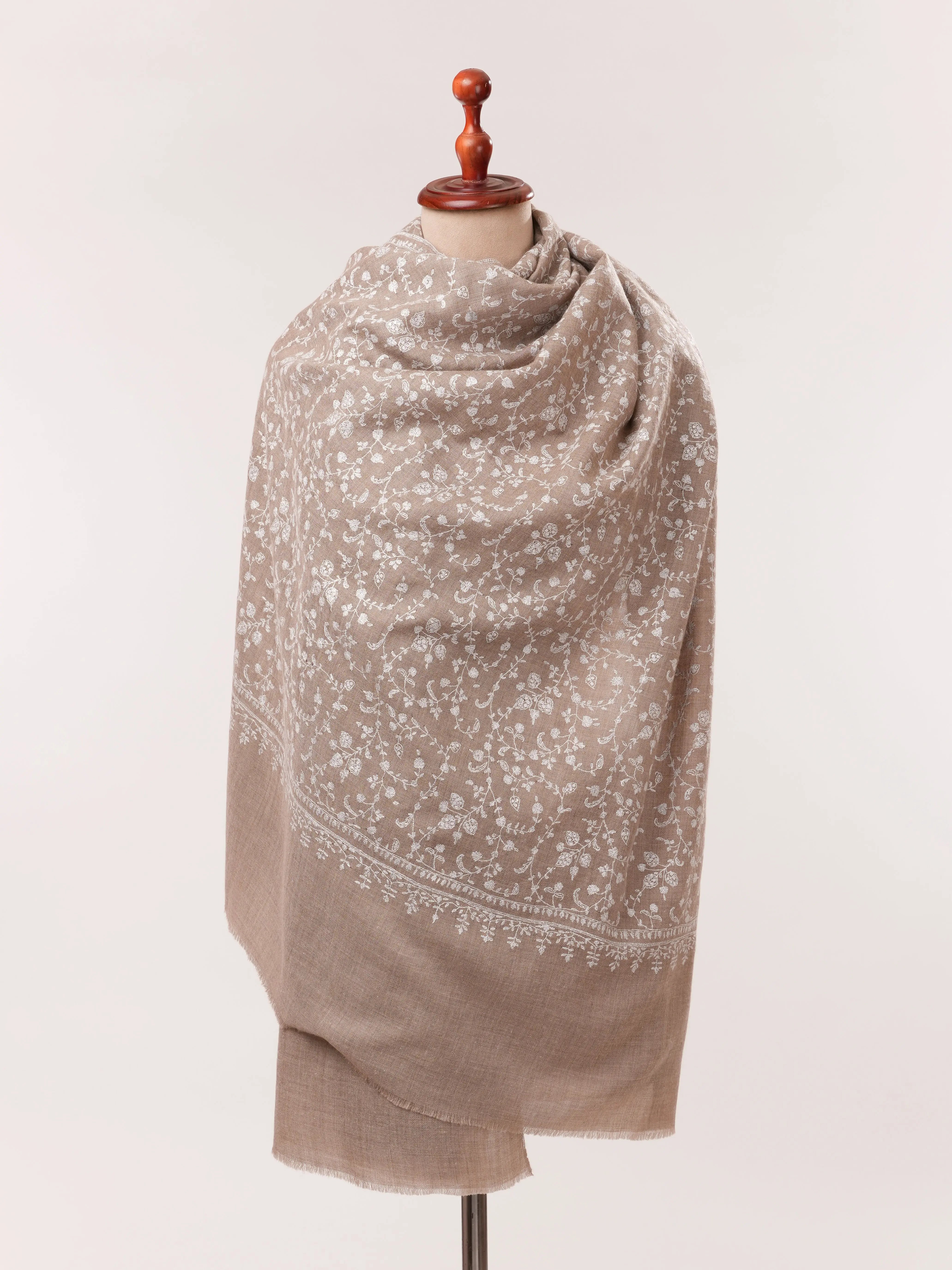 Natural Taupe Soft Pashmina Shawl with White Hand Embroidery Shahkaar.com