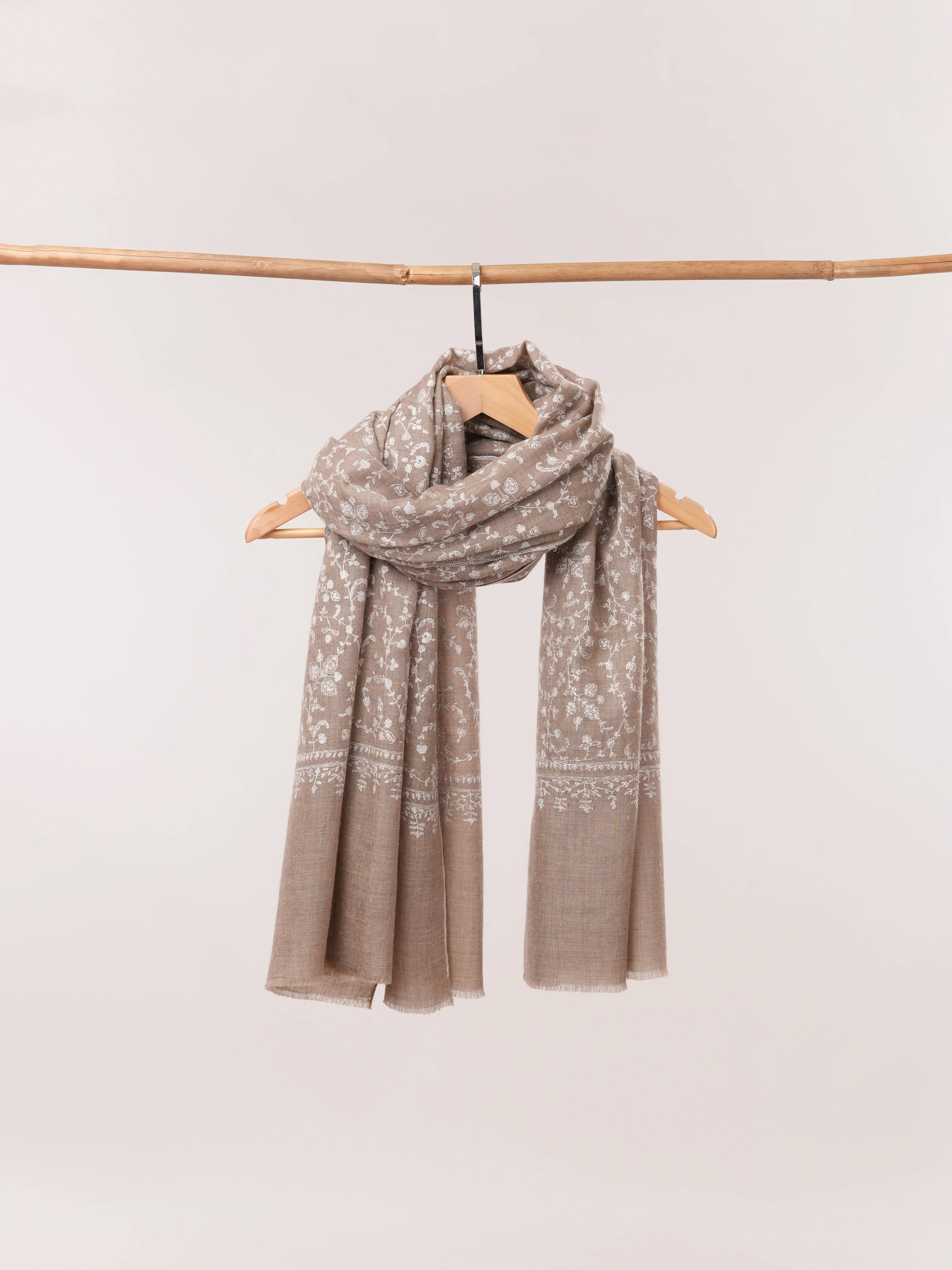 Natural Taupe Soft Pashmina Shawl with White Hand Embroidery Shahkaar.com