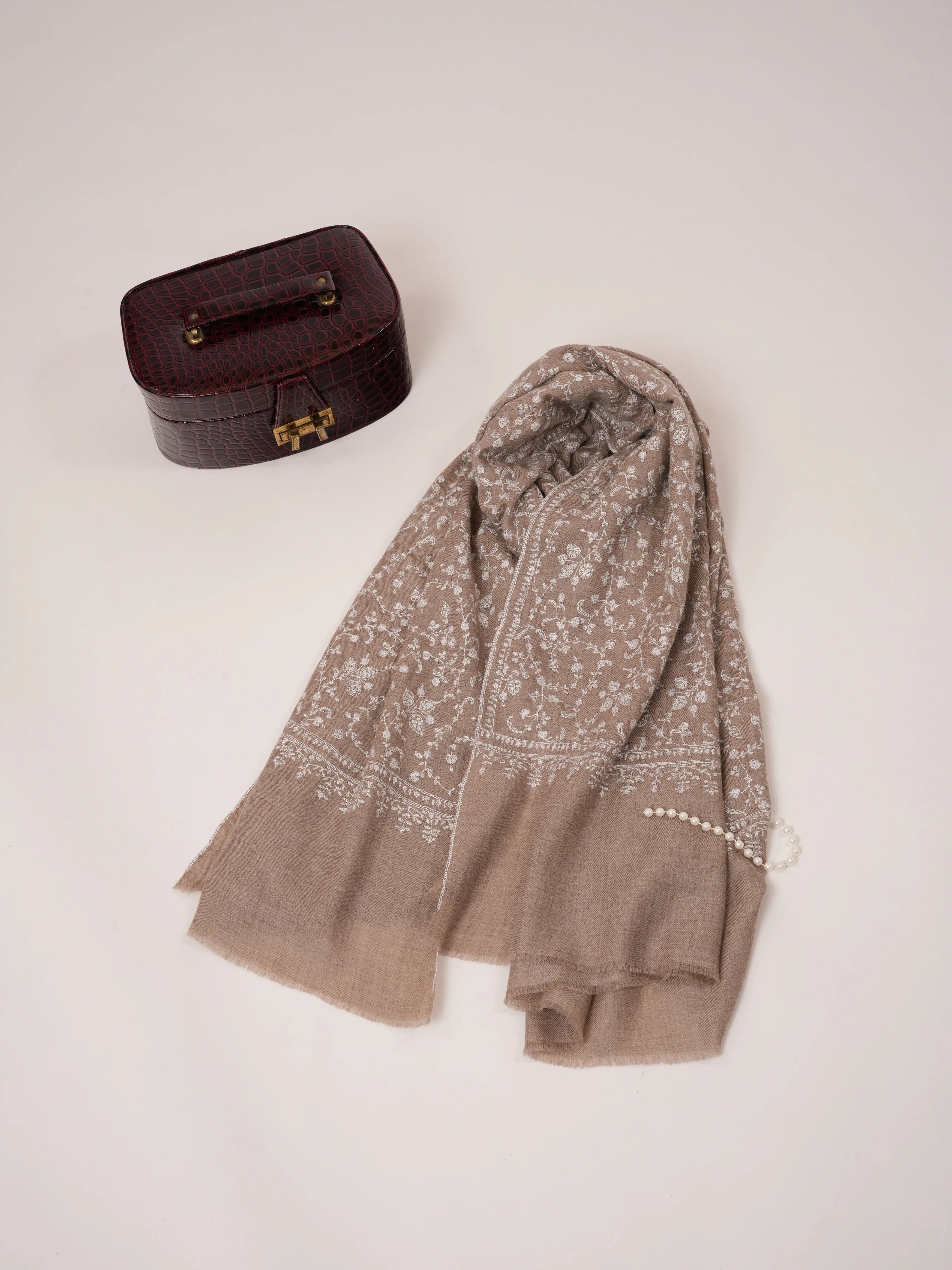 Natural Taupe Soft Pashmina Shawl with White Hand Embroidery Shahkaar.com