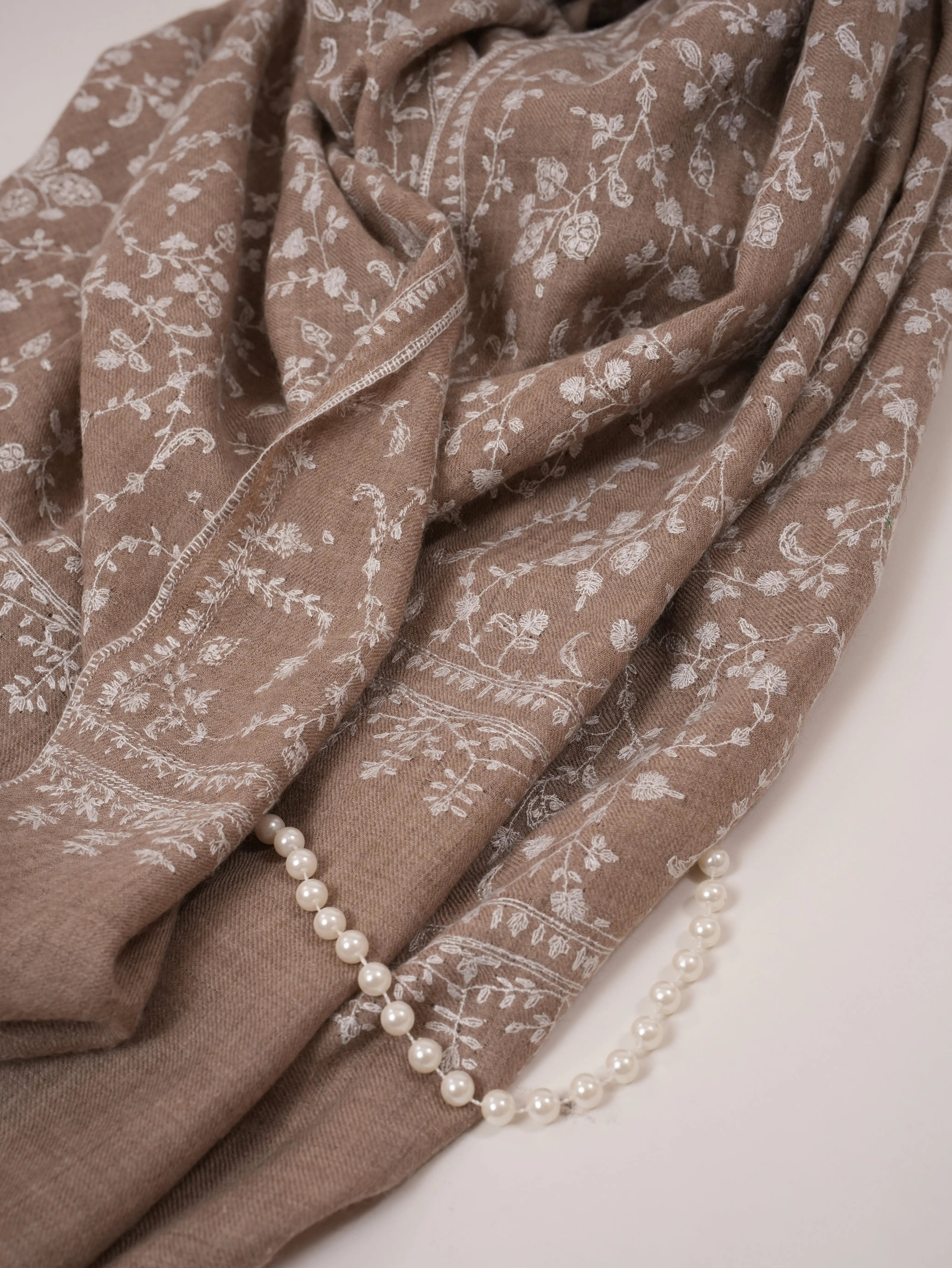 Natural Taupe Soft Pashmina Shawl with White Hand Embroidery Shahkaar.com