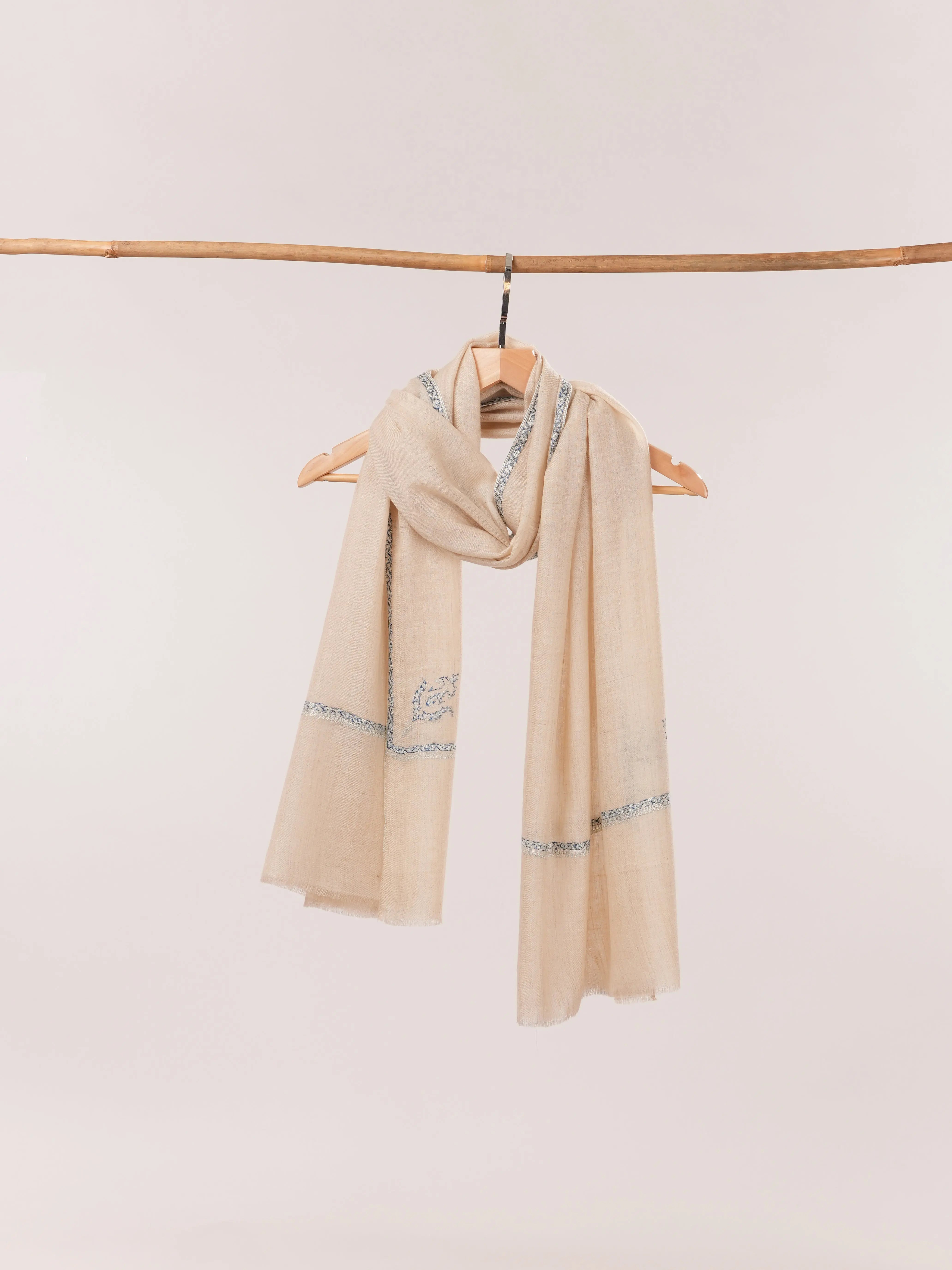 Natural Off White Hand Embroidered Authentic Cashmere Scarf Shahkaar.com