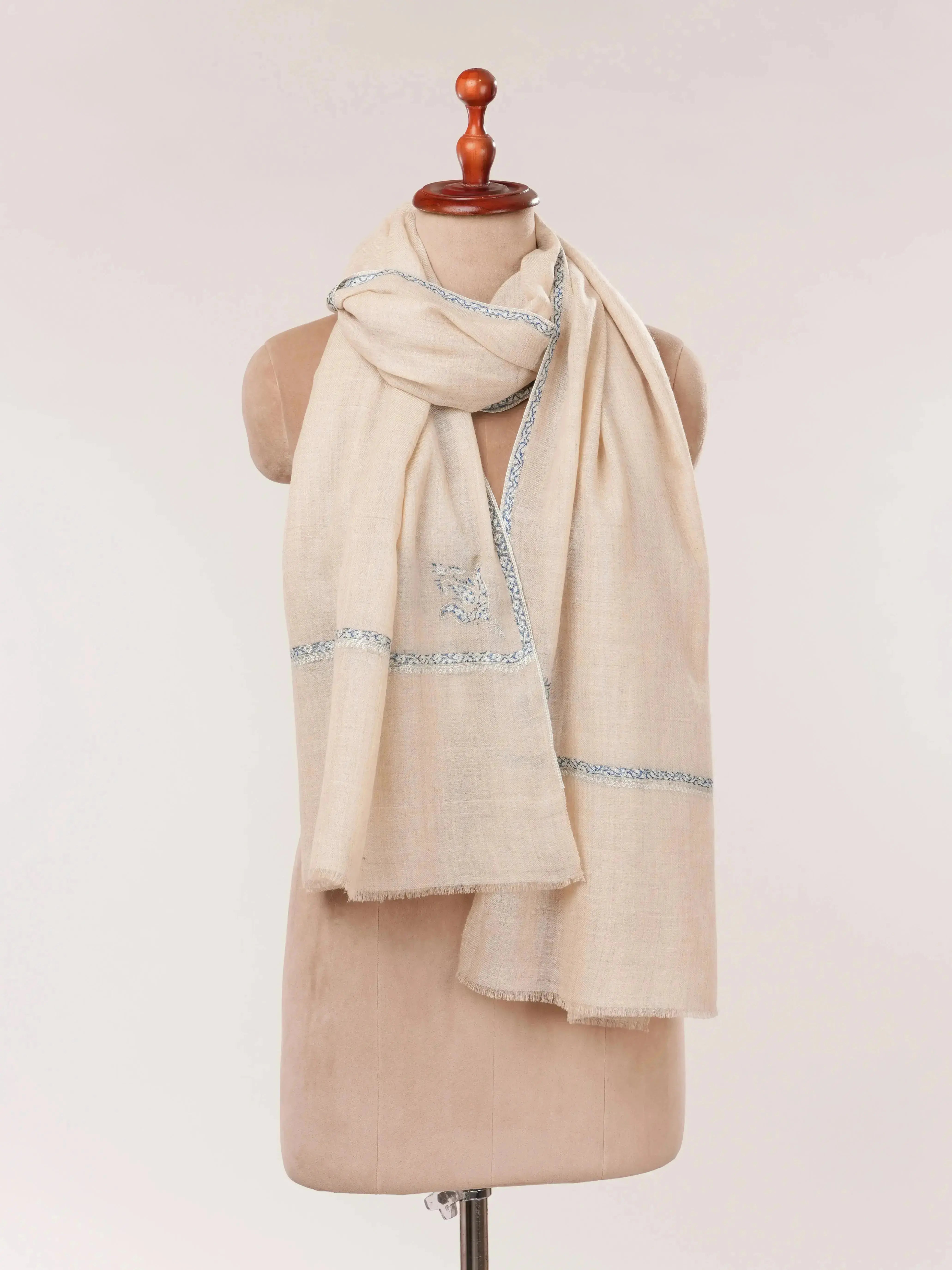 Natural Off White Hand Embroidered Authentic Cashmere Scarf Shahkaar.com