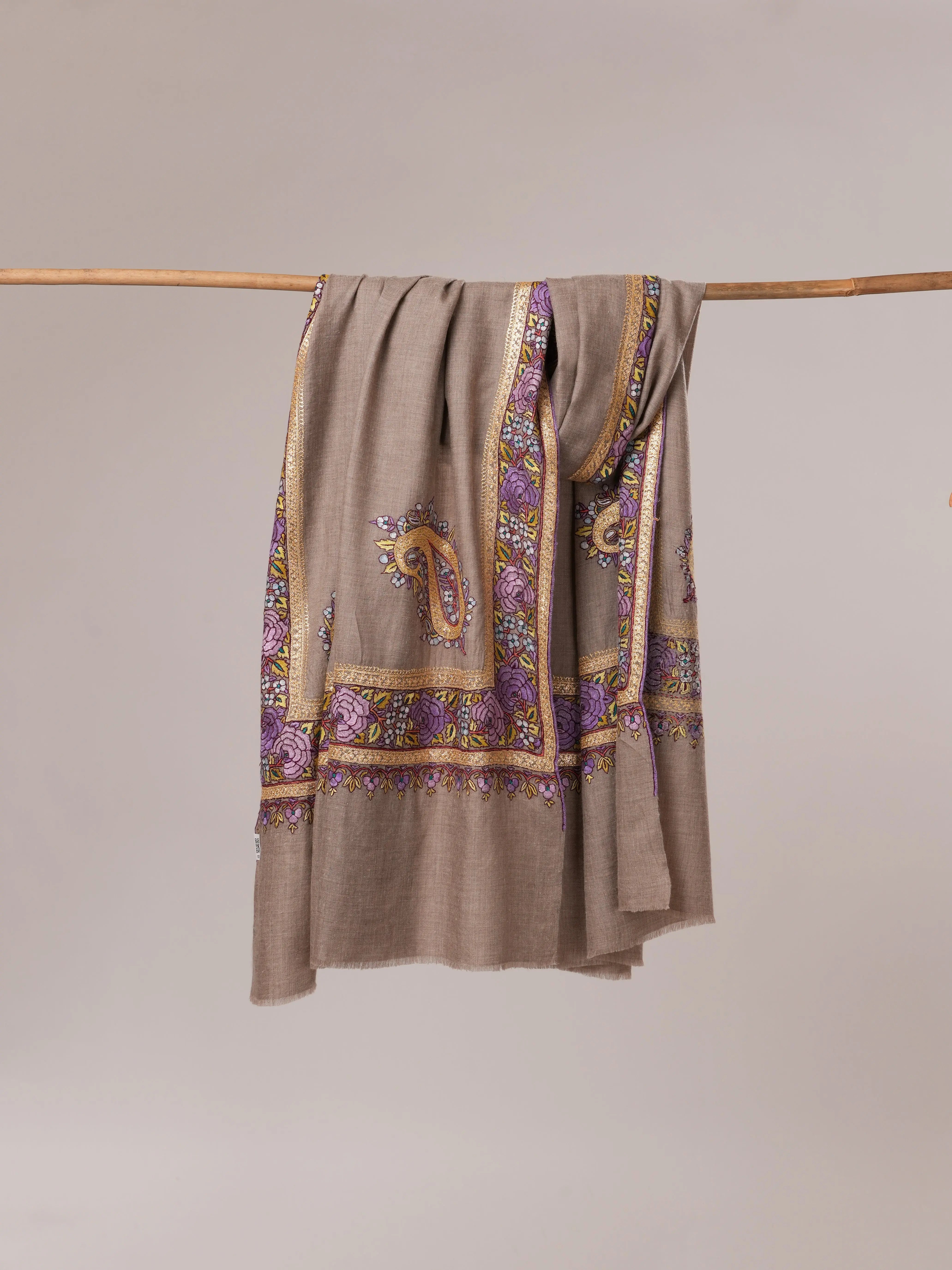 Natural Grey Pashmina Shawl with Daurdar Hand Embroidery Shahkaar.com