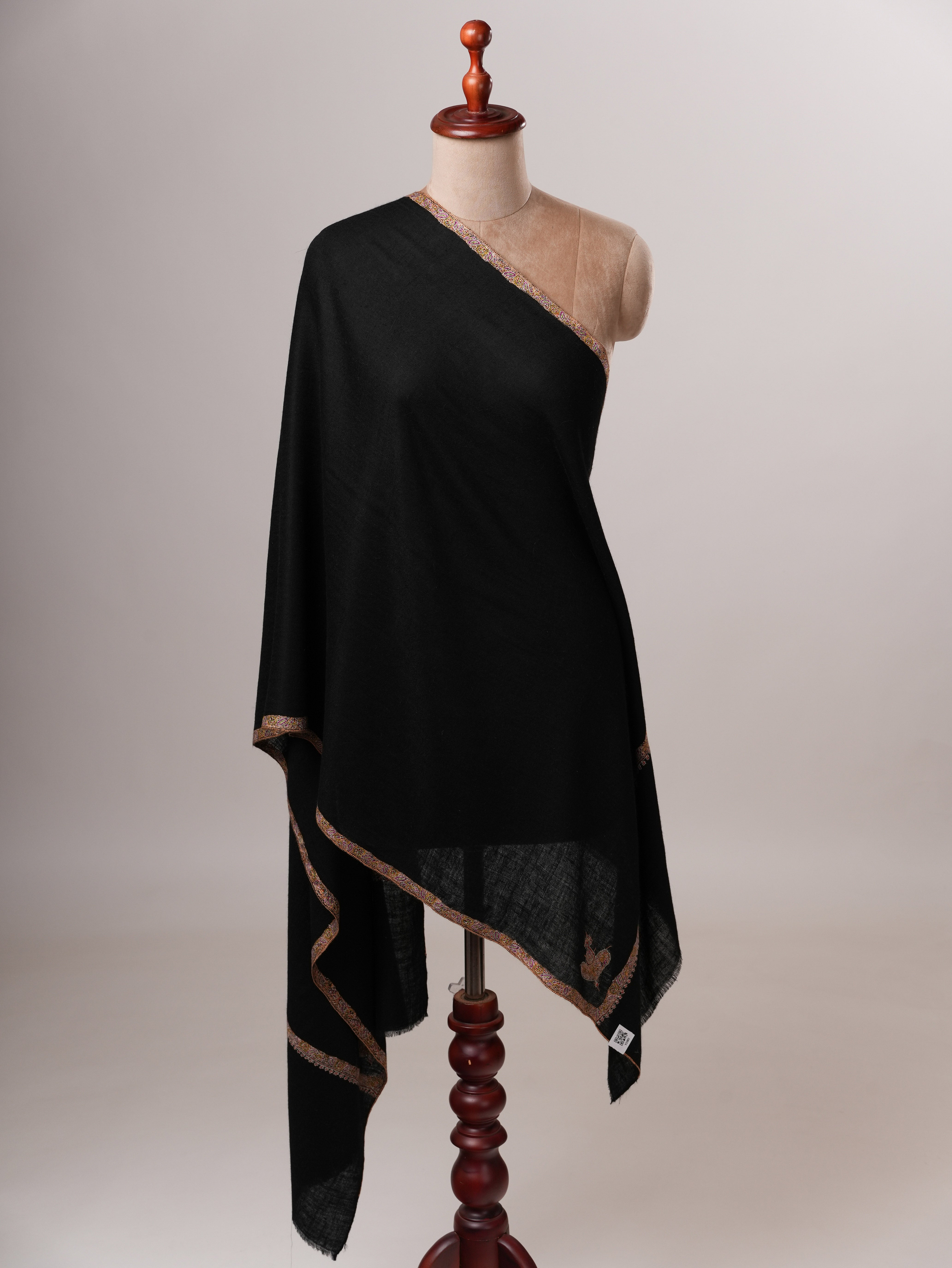 Black Cashmere Scarf with Bail Hand Embroidery Shahkaar