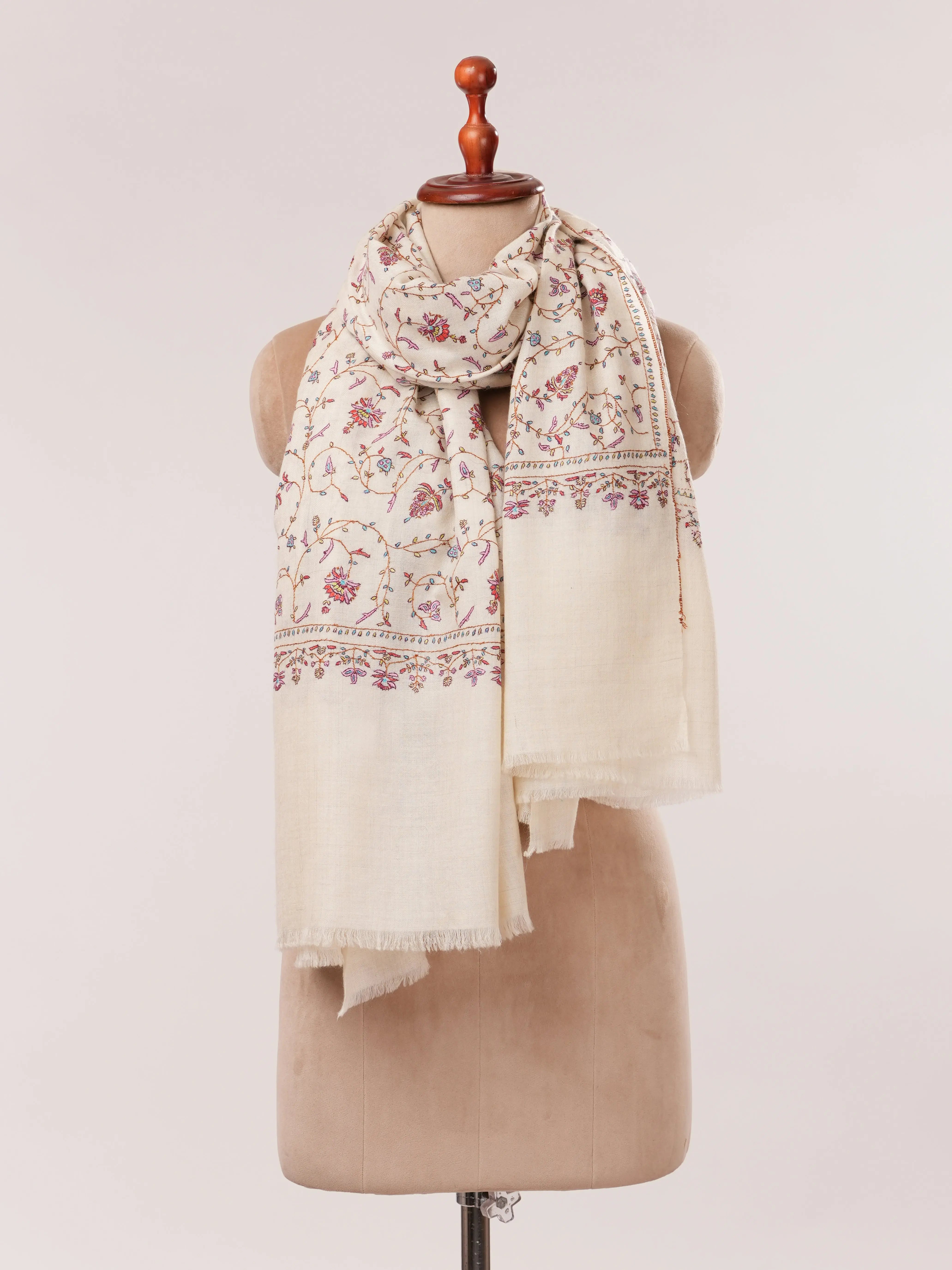 Natural Off White Hand Embroidered Sozni Jali Pashmina Shawl Shahkaar.com
