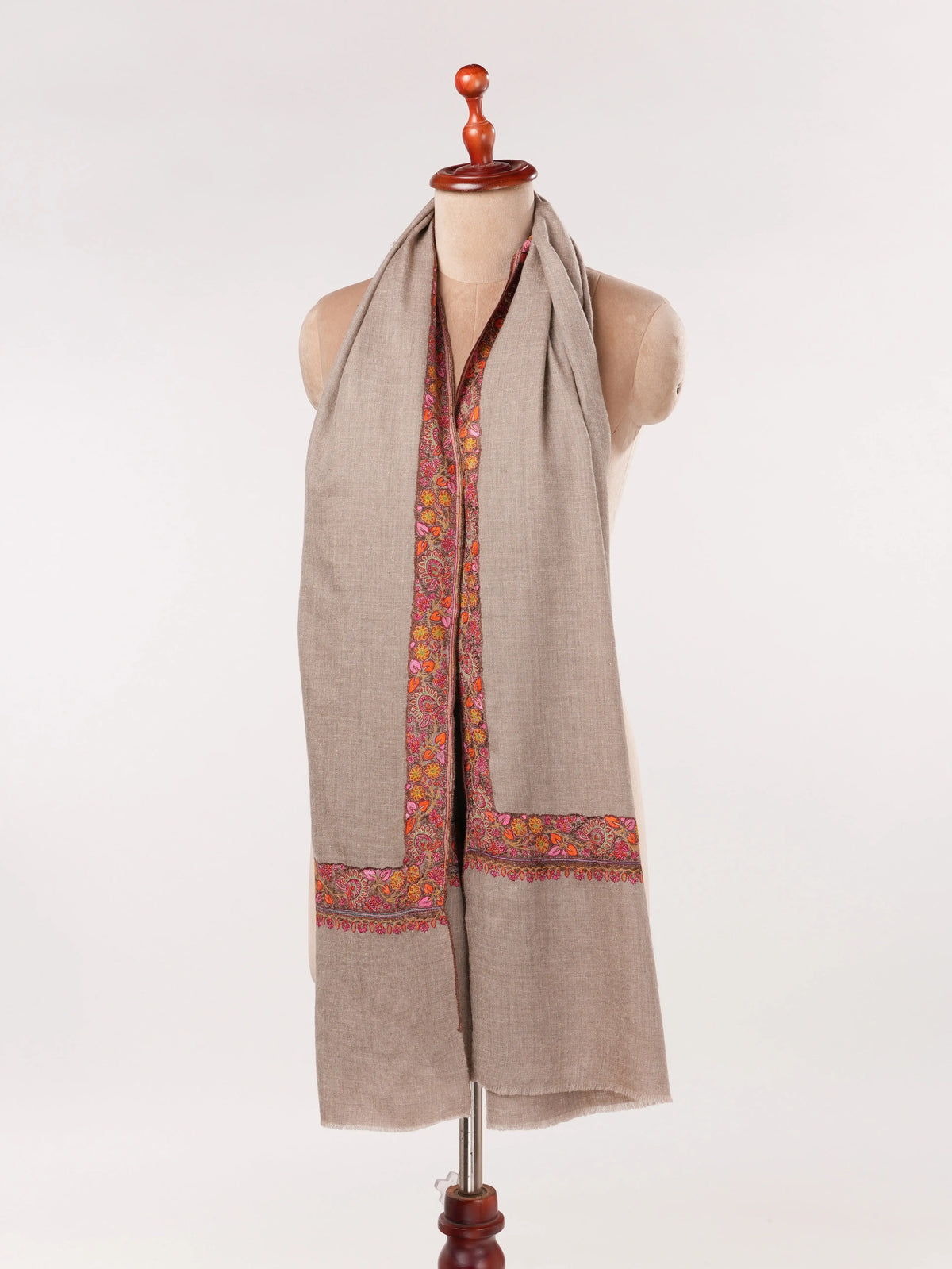 Natural Taupe Featherlight Handwoven Pashmina Shawl with Neemdaur Embroidery Shahkaar.com