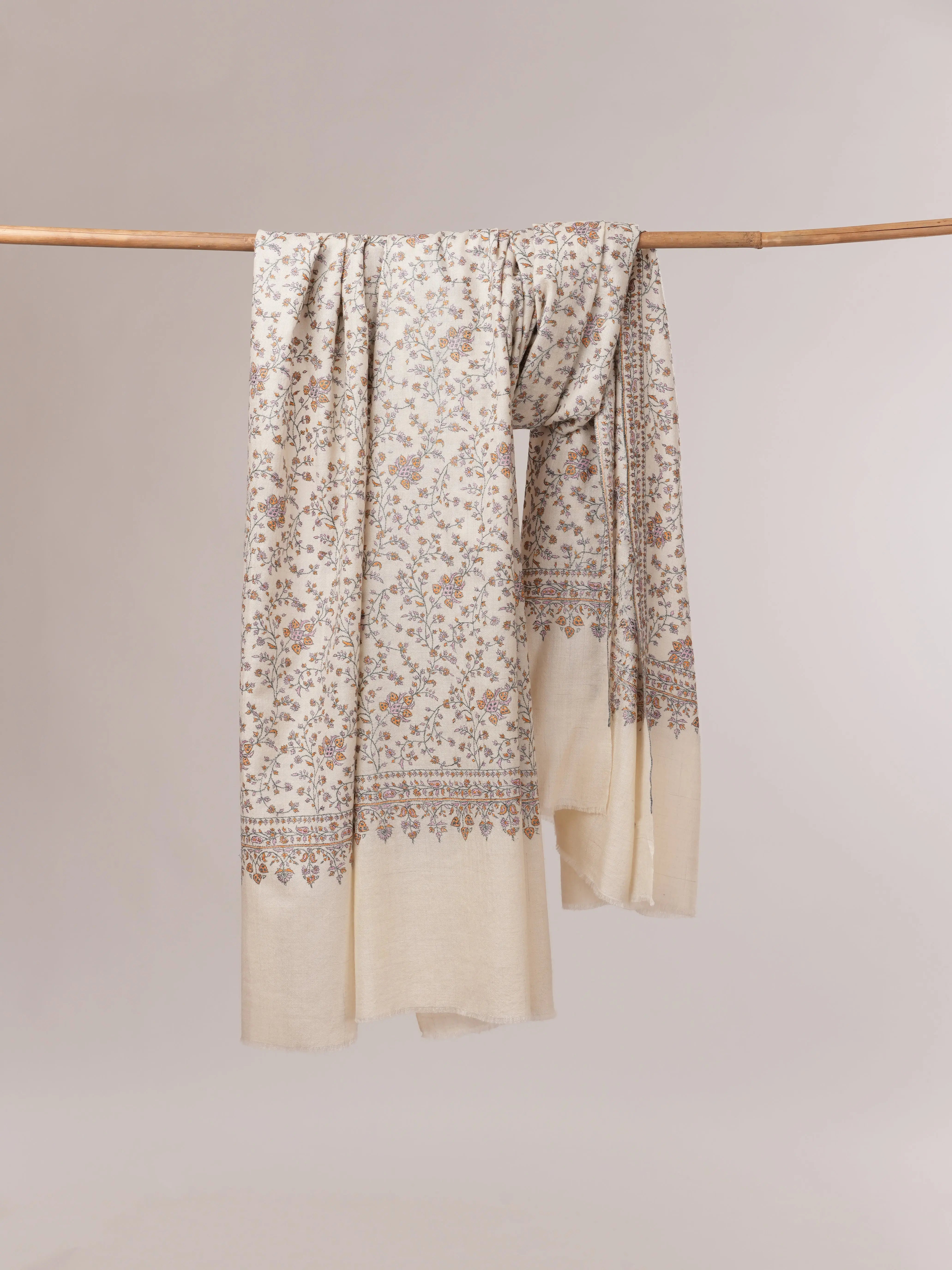 Natural White Pure Pashmina Shawl with Detailed Hand Embroidery Shahkaar.com
