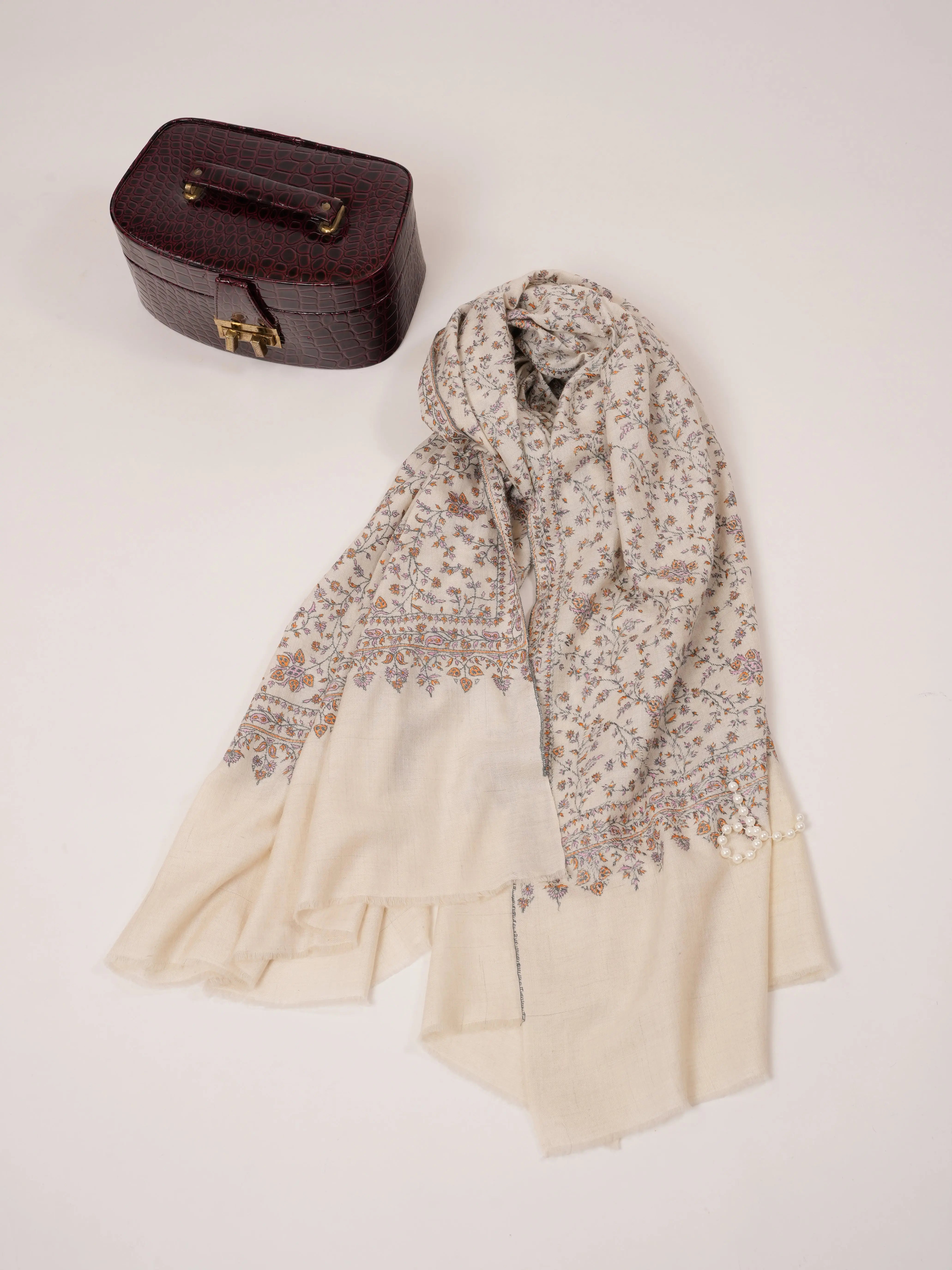 Natural White Pure Pashmina Shawl with Detailed Hand Embroidery Shahkaar.com