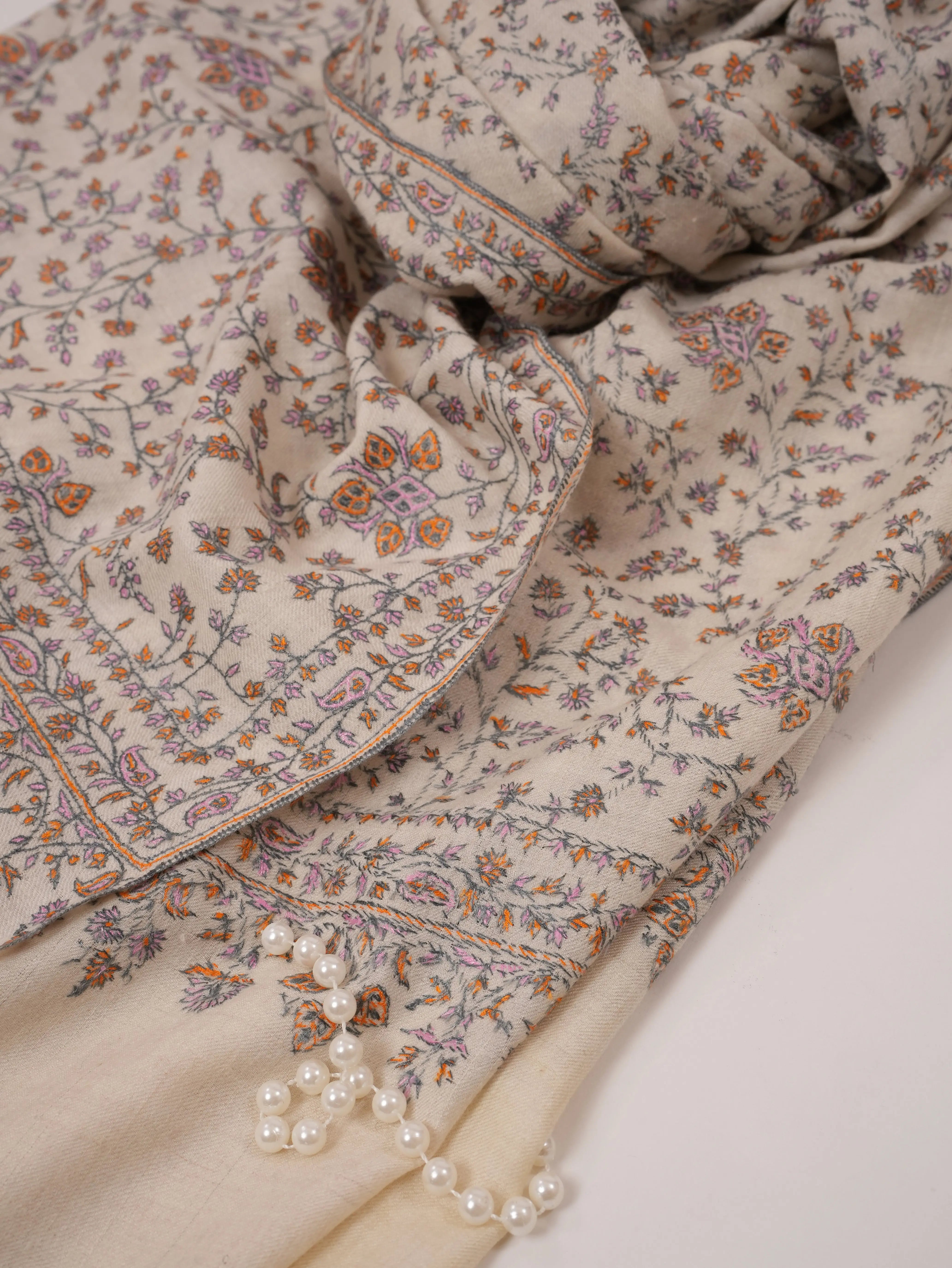 Natural White Pure Pashmina Shawl with Detailed Hand Embroidery Shahkaar.com