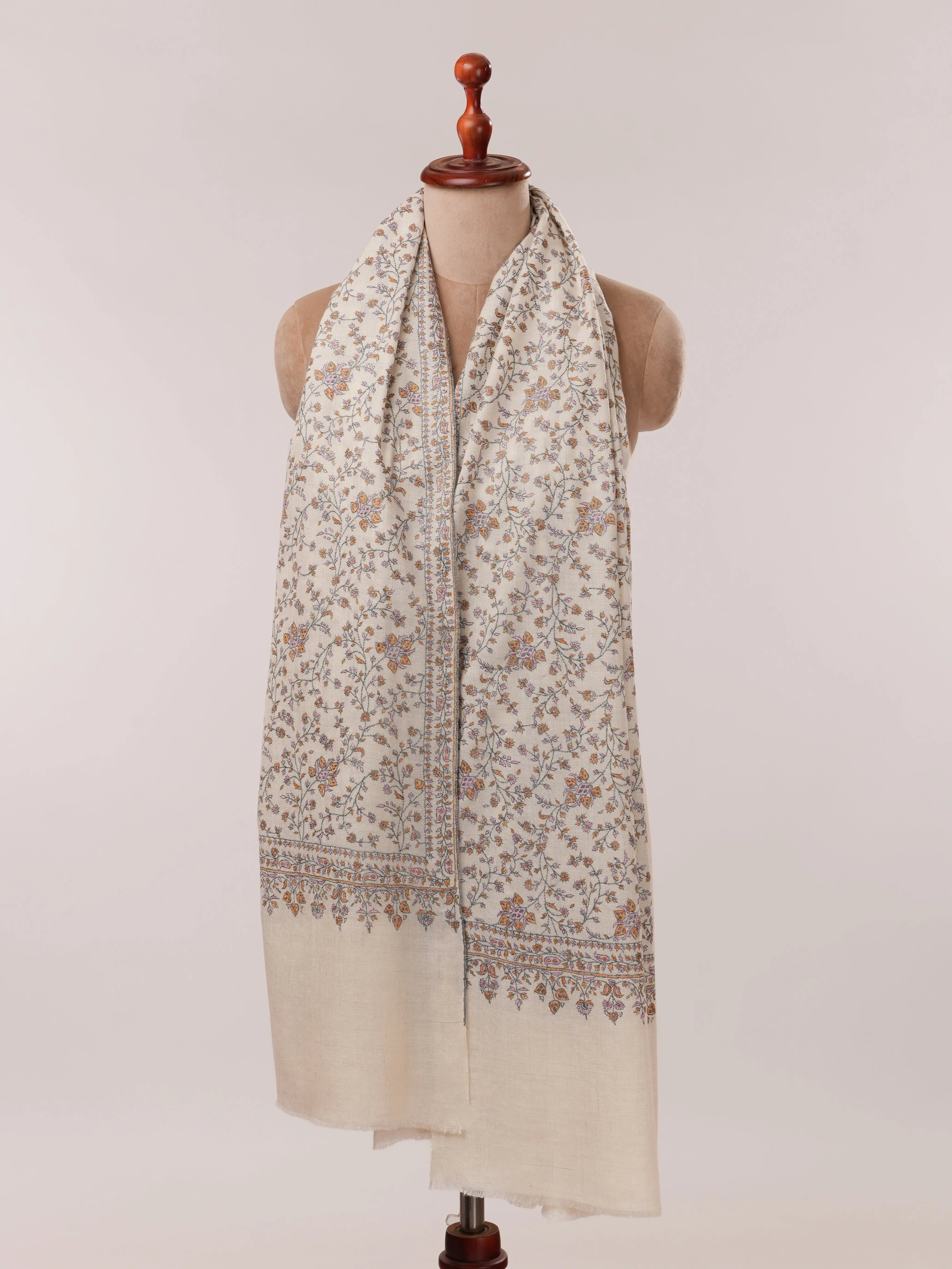 Natural White Pure Pashmina Shawl with Detailed Hand Embroidery Shahkaar.com