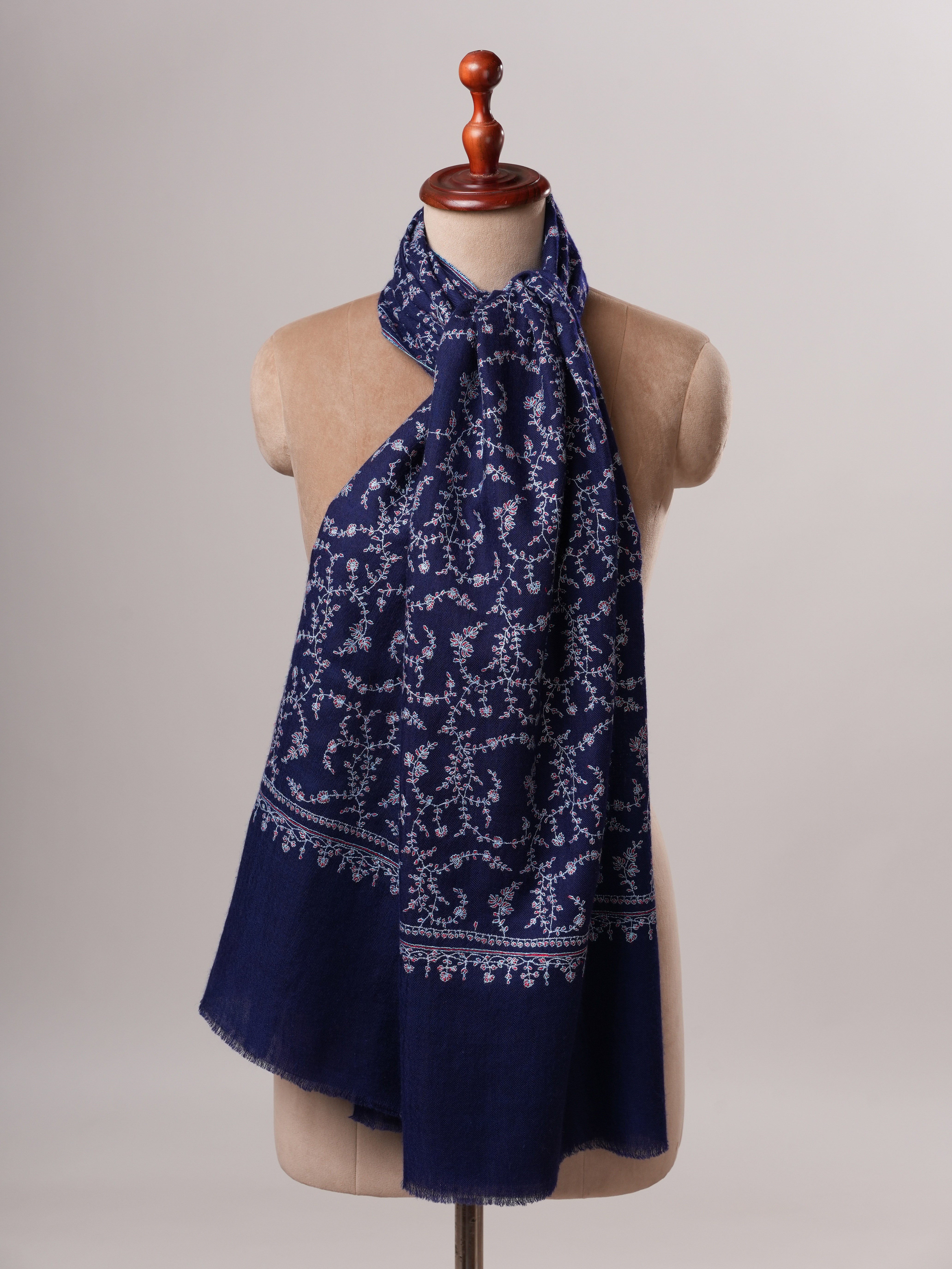 Dark Blue Cashmere Scarf with All-Over Sozni Hand Embroidery Shahkaar