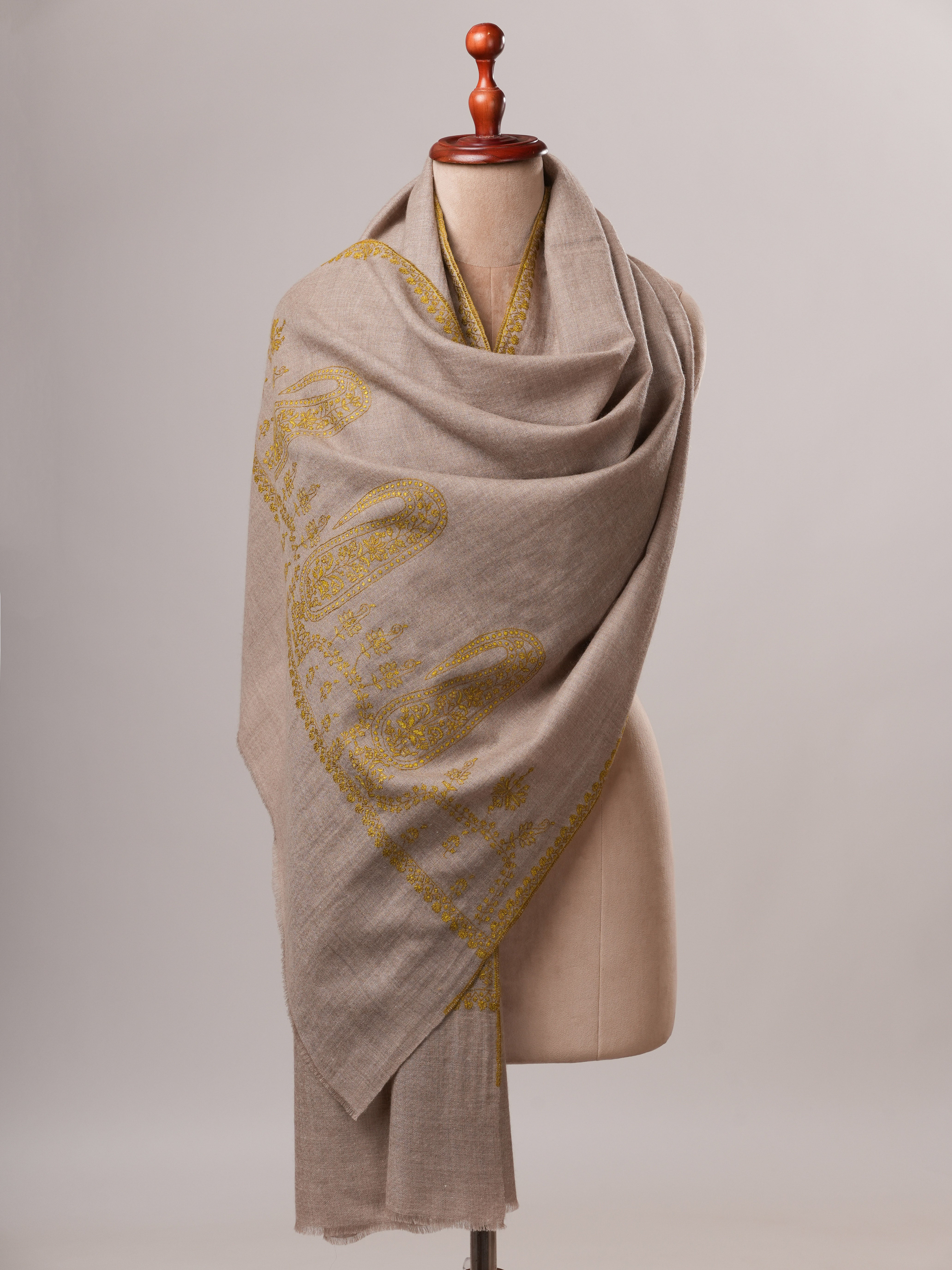 Natural Grey Cashmere Scarf with Palla Hand Embroidery Shahkaar
