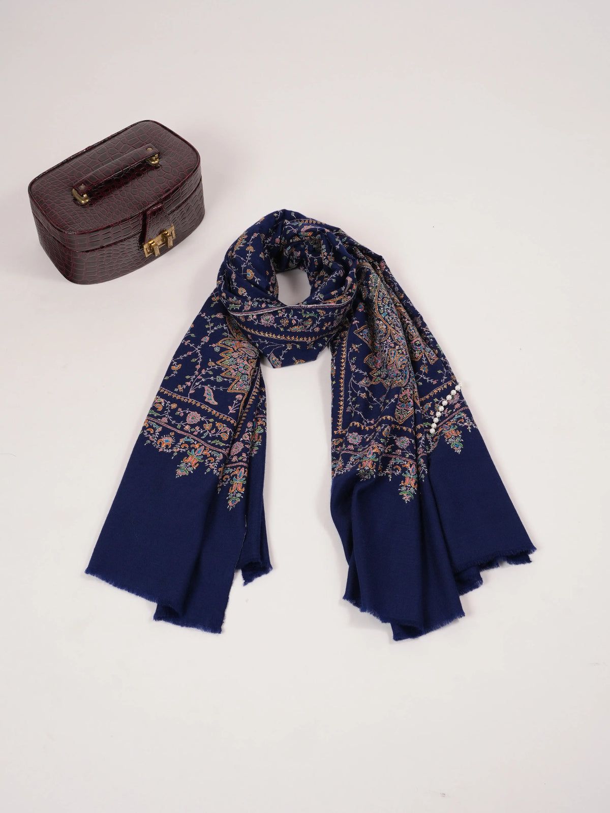 Navy Blue Jali Sozni Hand Embroidered Pure Handwoven Pashmina Shawl Shahkaar.com